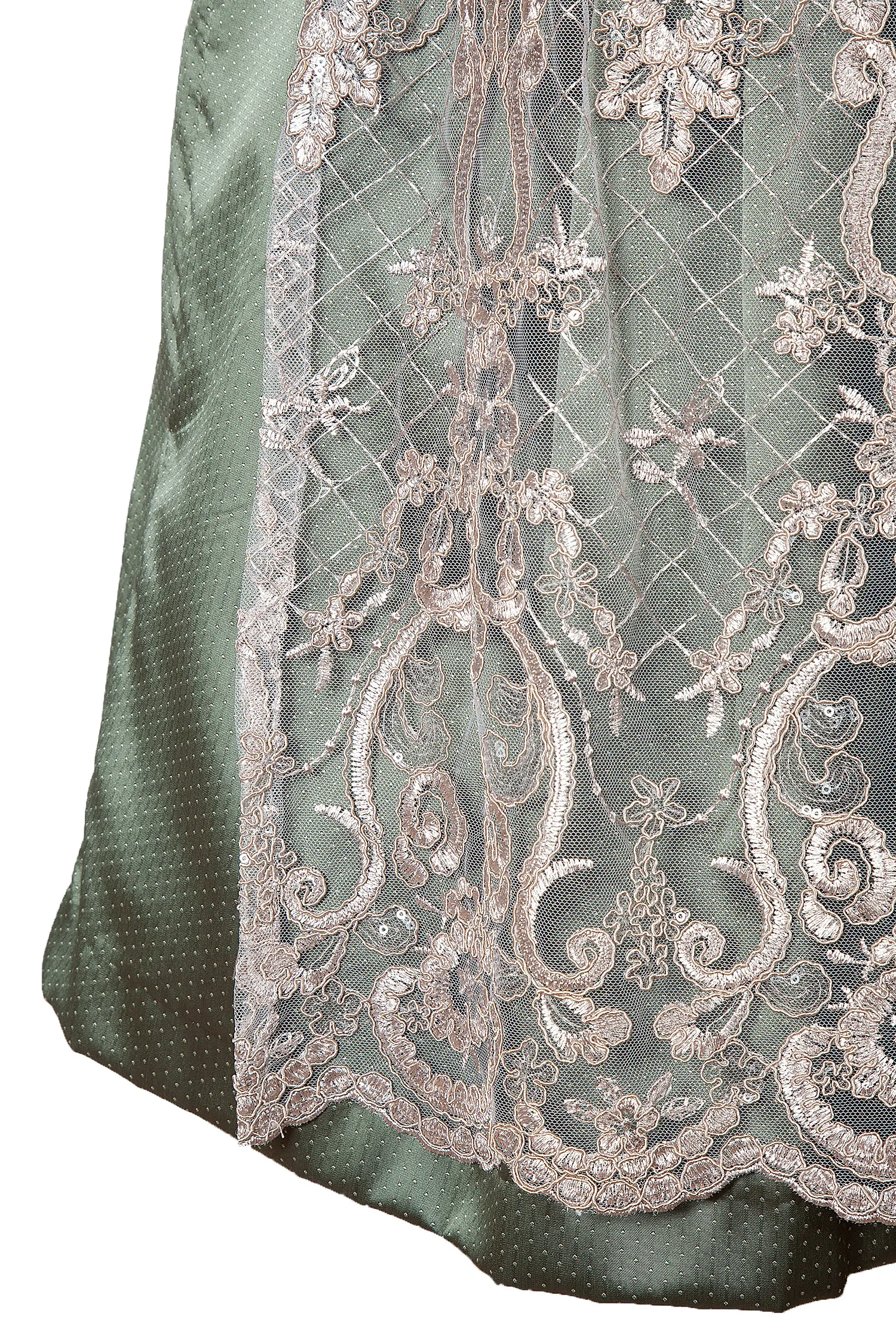 3066-1141-gn7-22-07b-1226 Dirndl Lotte in grün mit besonderer Schürze - Detail Rock