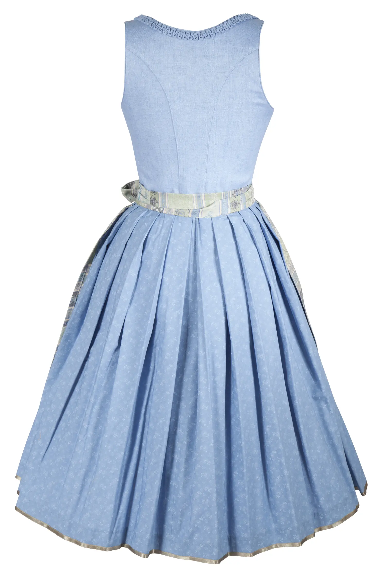 3094-1271-bl4-23-04i6411 Leinendirndl Koflersee in hellblau / lindgrün mit aufregender Schürze - Rückansicht