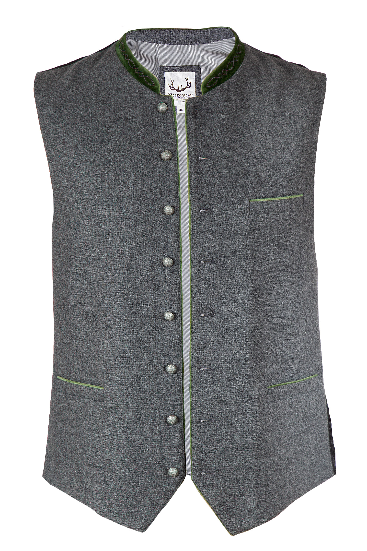 Trachtenweste Fabricio aus Loden in anthrazit und grünem Samtkragen Trachtenweste Fabricio aus Loden in anthrazit und grünem Detail