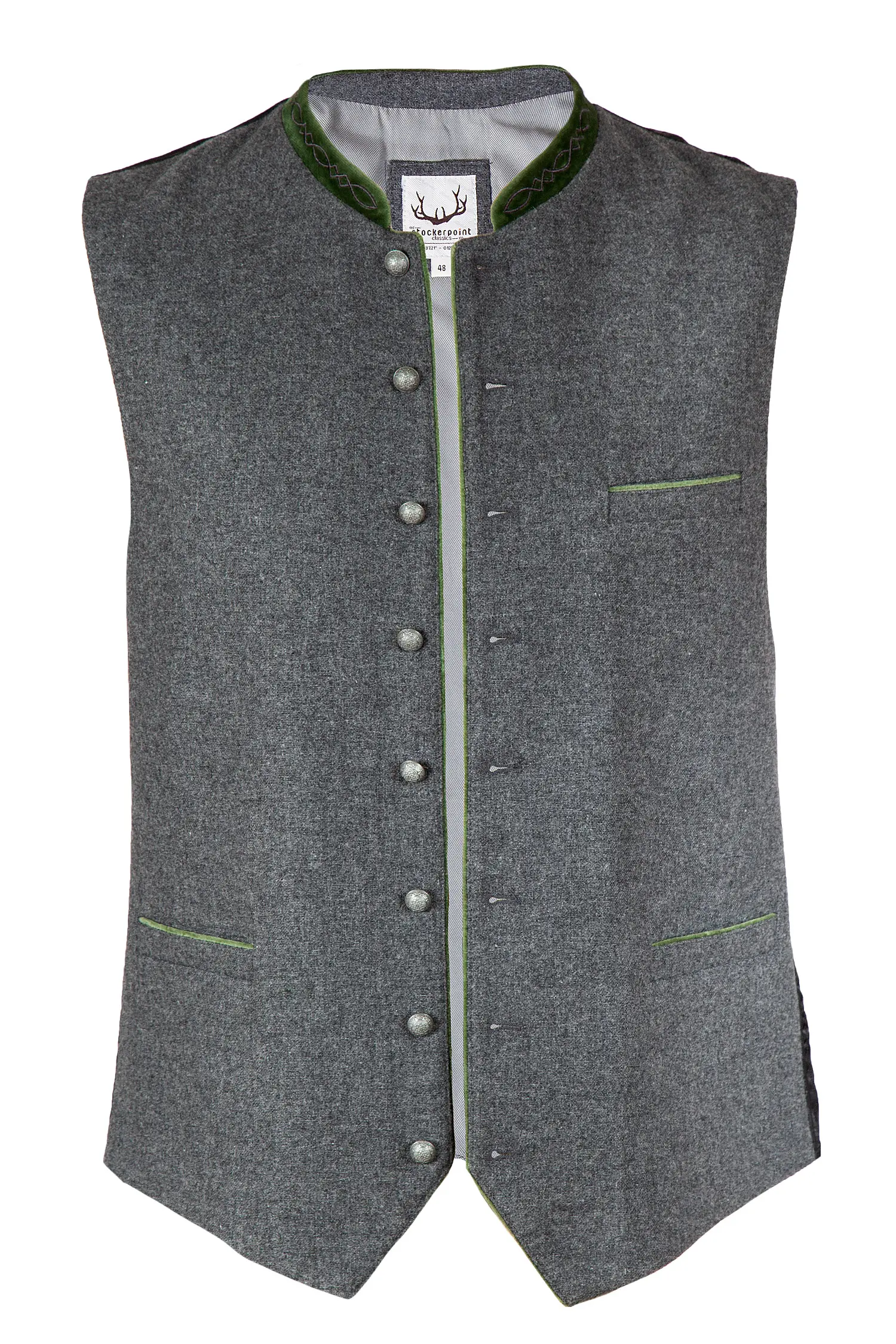 Trachtenweste Fabricio aus Loden in anthrazit und grünem Samtkragen Trachtenweste Fabricio aus Loden in anthrazit und grünem Detail