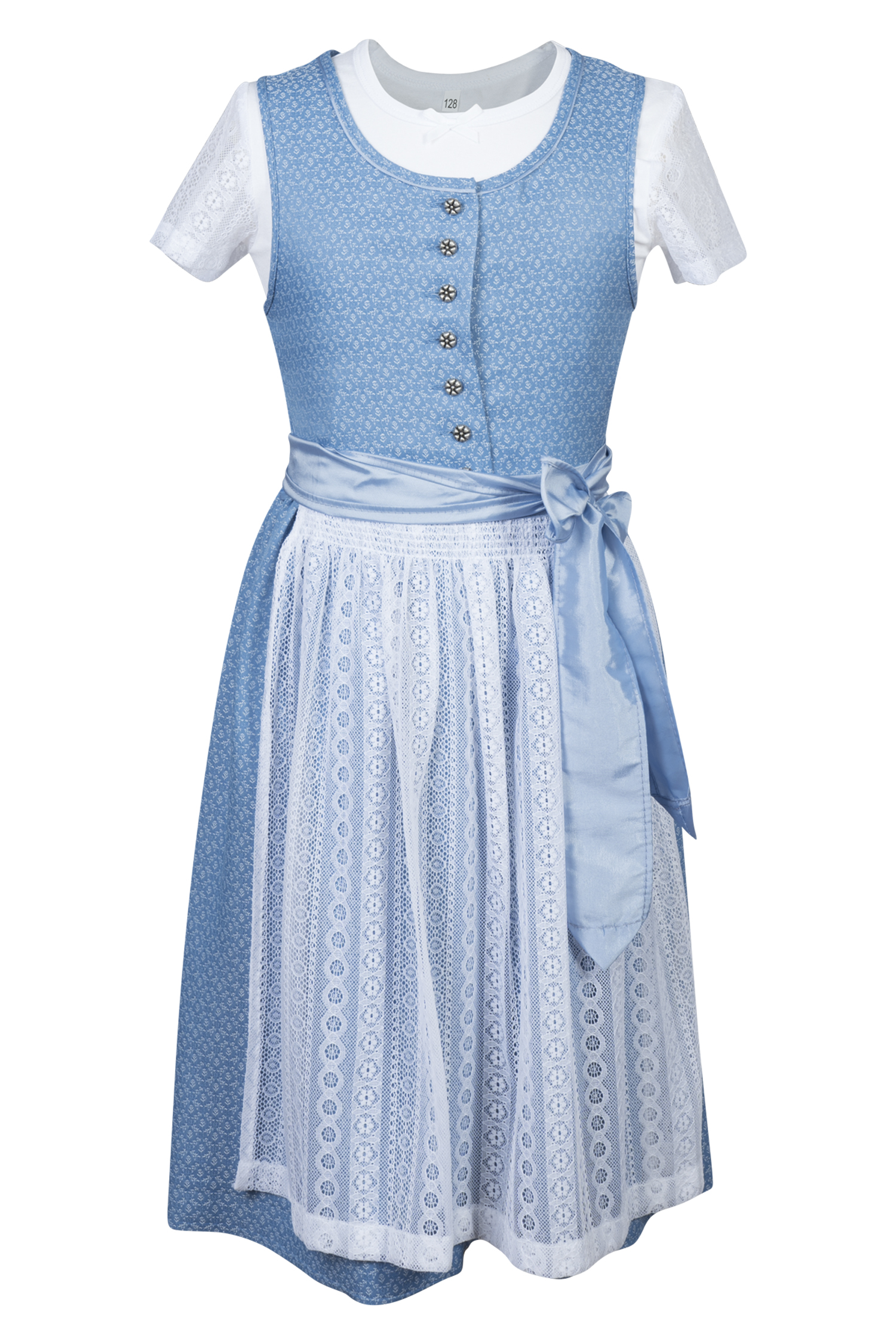 4753-1469-bl4-24-02-0504175 Kinderdirndl Anna in hellblau mit Shirt und Spitzenschürze