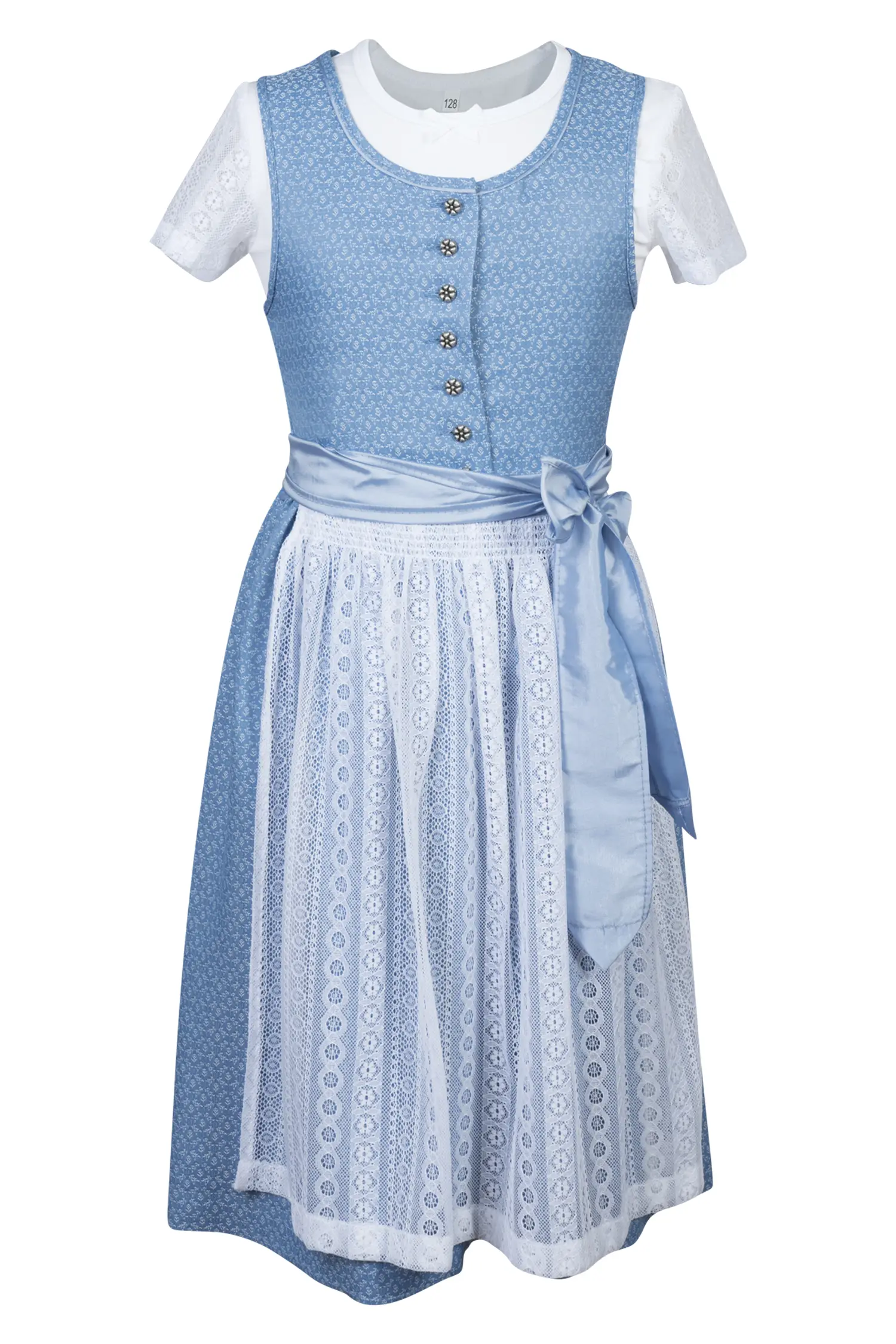 4753-1469-bl4-24-02-0504175 Kinderdirndl Anna in hellblau mit Shirt und Spitzenschürze