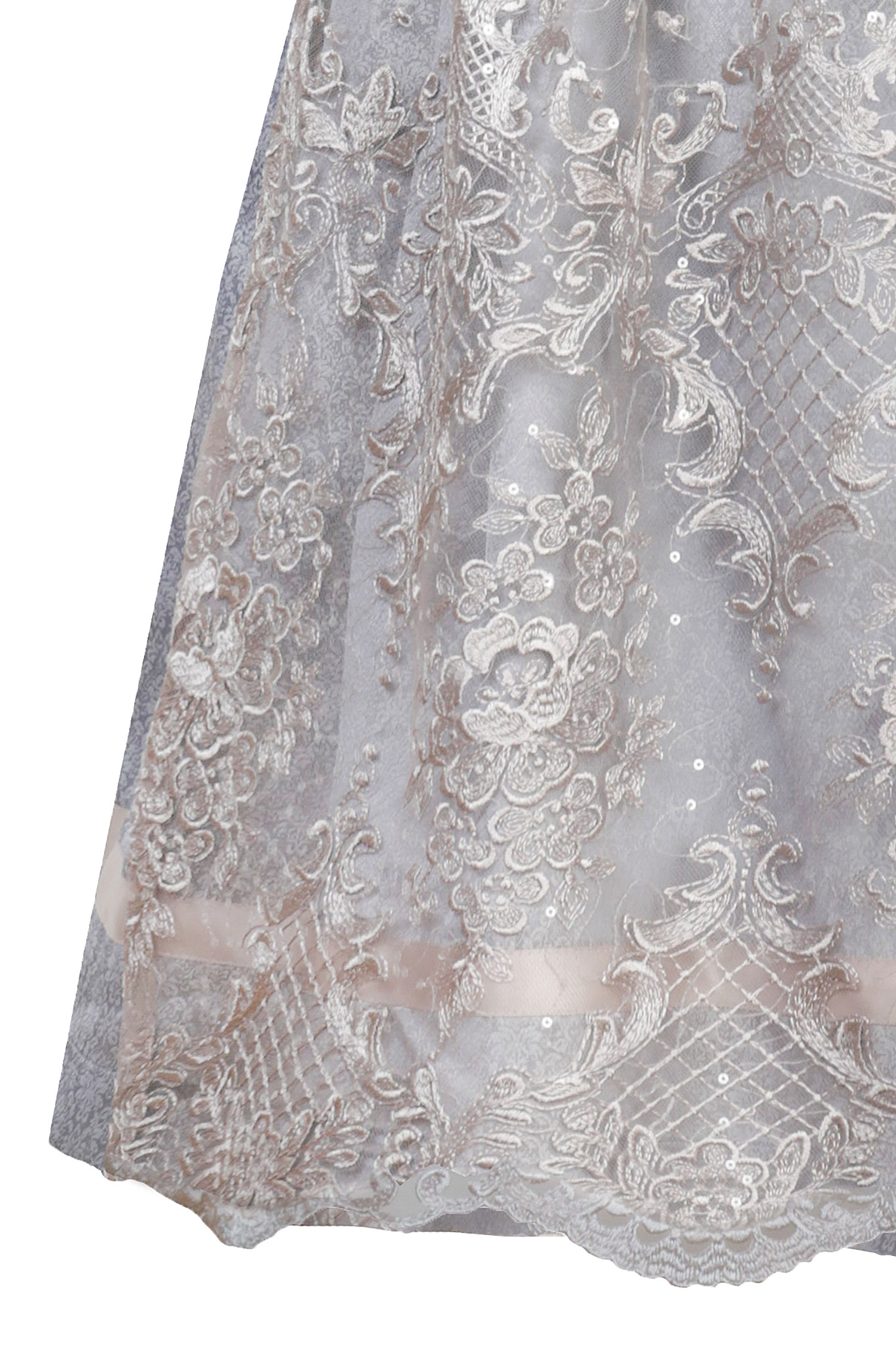 3076-0075-BL3marjo-20231c Dirndl Benita in eisblau / taupe mit Glitzerschürze 65 cm - Detail Rock