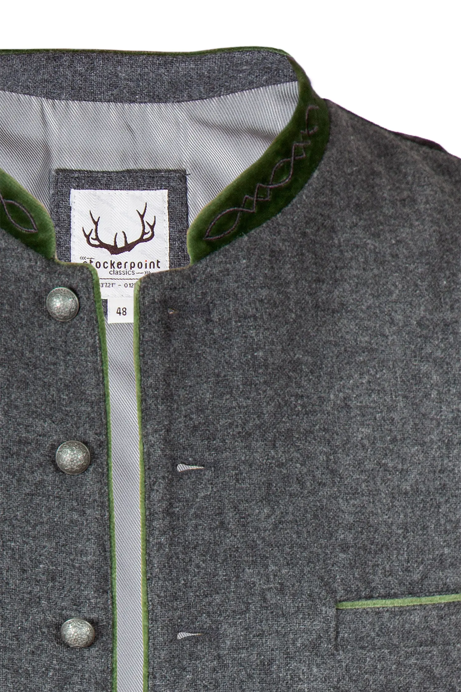 Trachtenweste Fabricio aus Loden in anthrazit und grünem Detail Ausschnitt