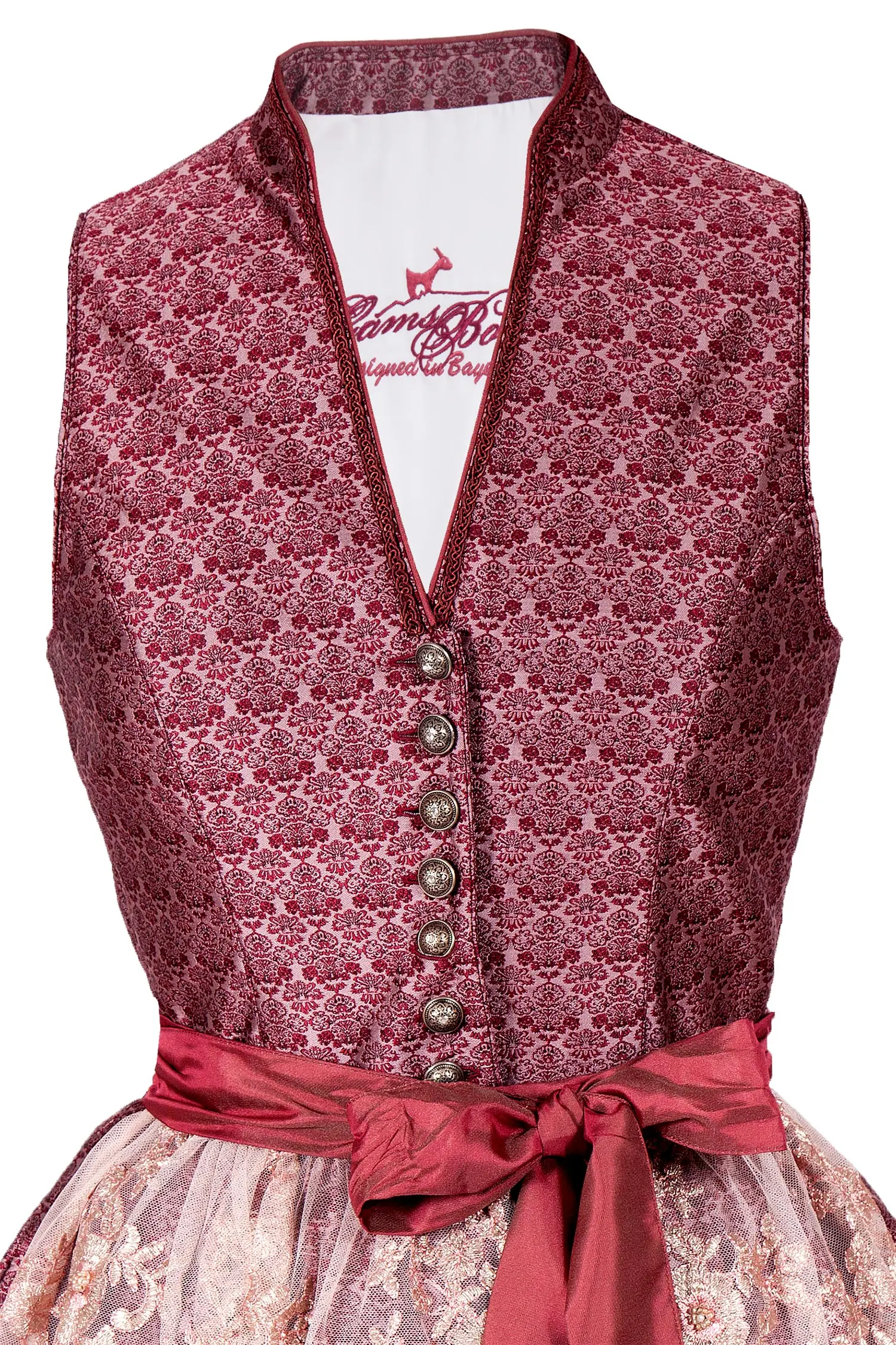 Midi Dirndl mit Glanz in bordeaux und V-Ausschnitt Mieder