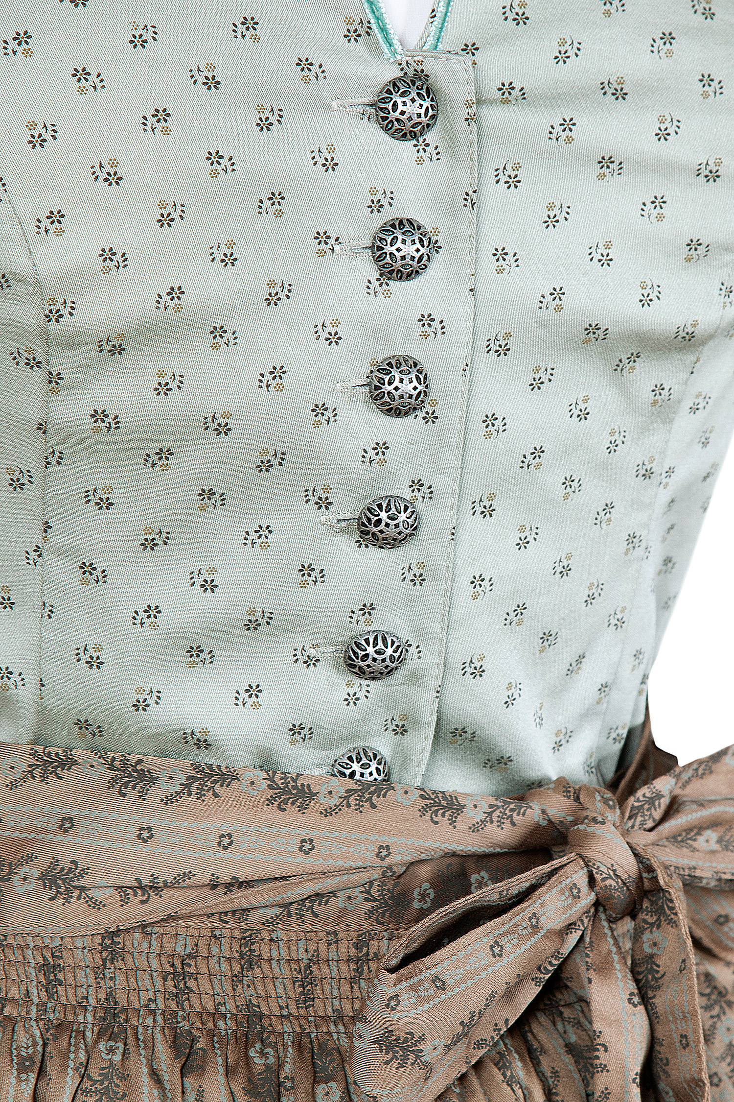 3091-1509-gn4-22-09d-2741 Dirndl hochgeschlossen in zartem hellgrün - Detail Mieder