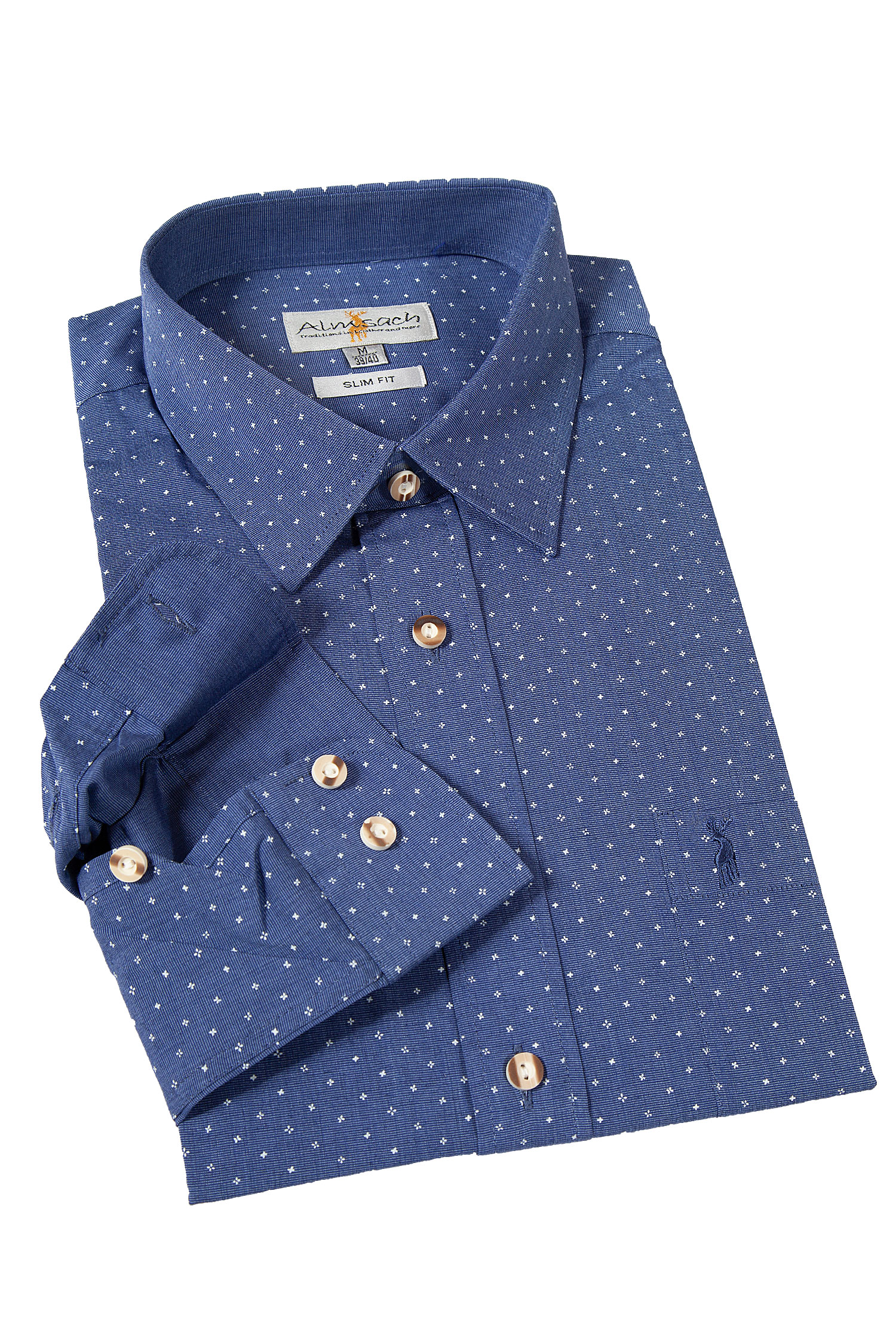 1542-0027-BL7-23-03e-5467a Trachtenhemd in blau mit Muster in weiß von Almsach