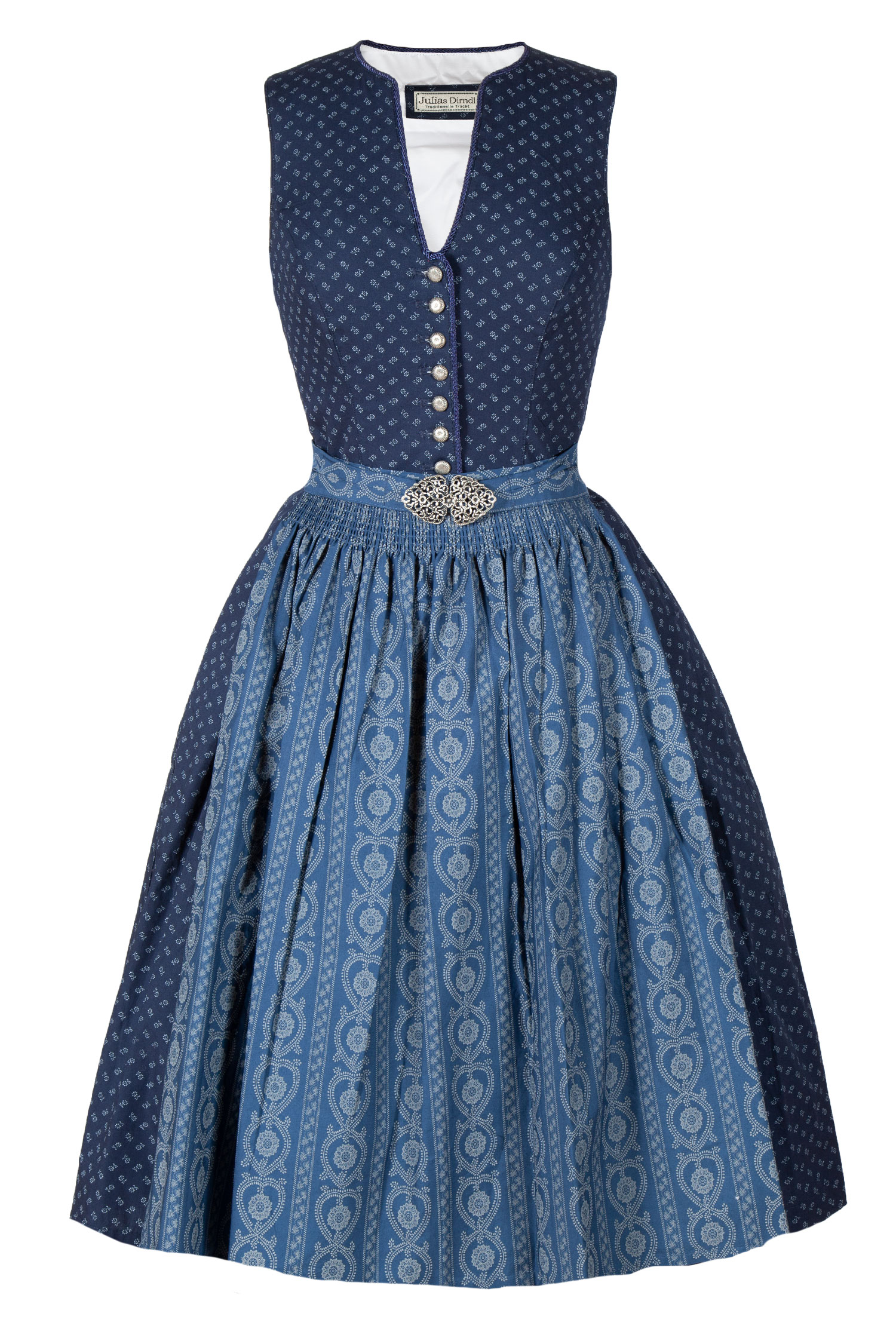3091-1526-BL8-23-04f-5998a Hochgeschlossenes Dirndl in dunkelblau mit Schließe