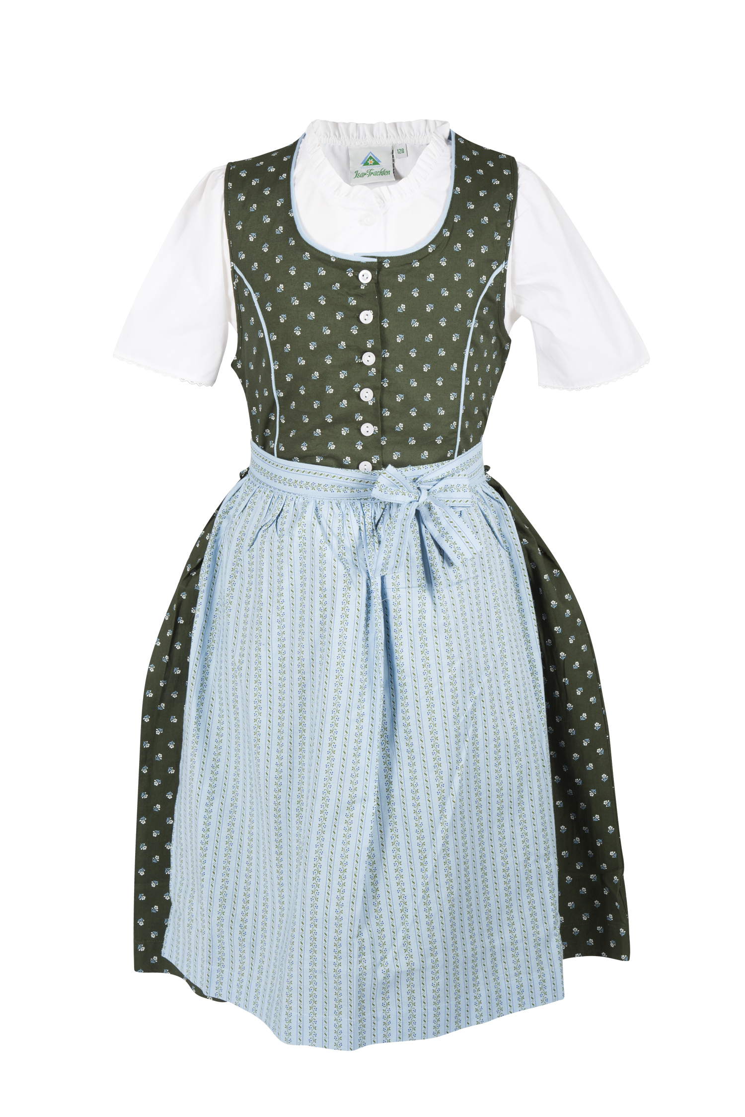 4753-1461-OL623-05-b6659 Kinderdirndl in oliv mit Bluse und Schürze