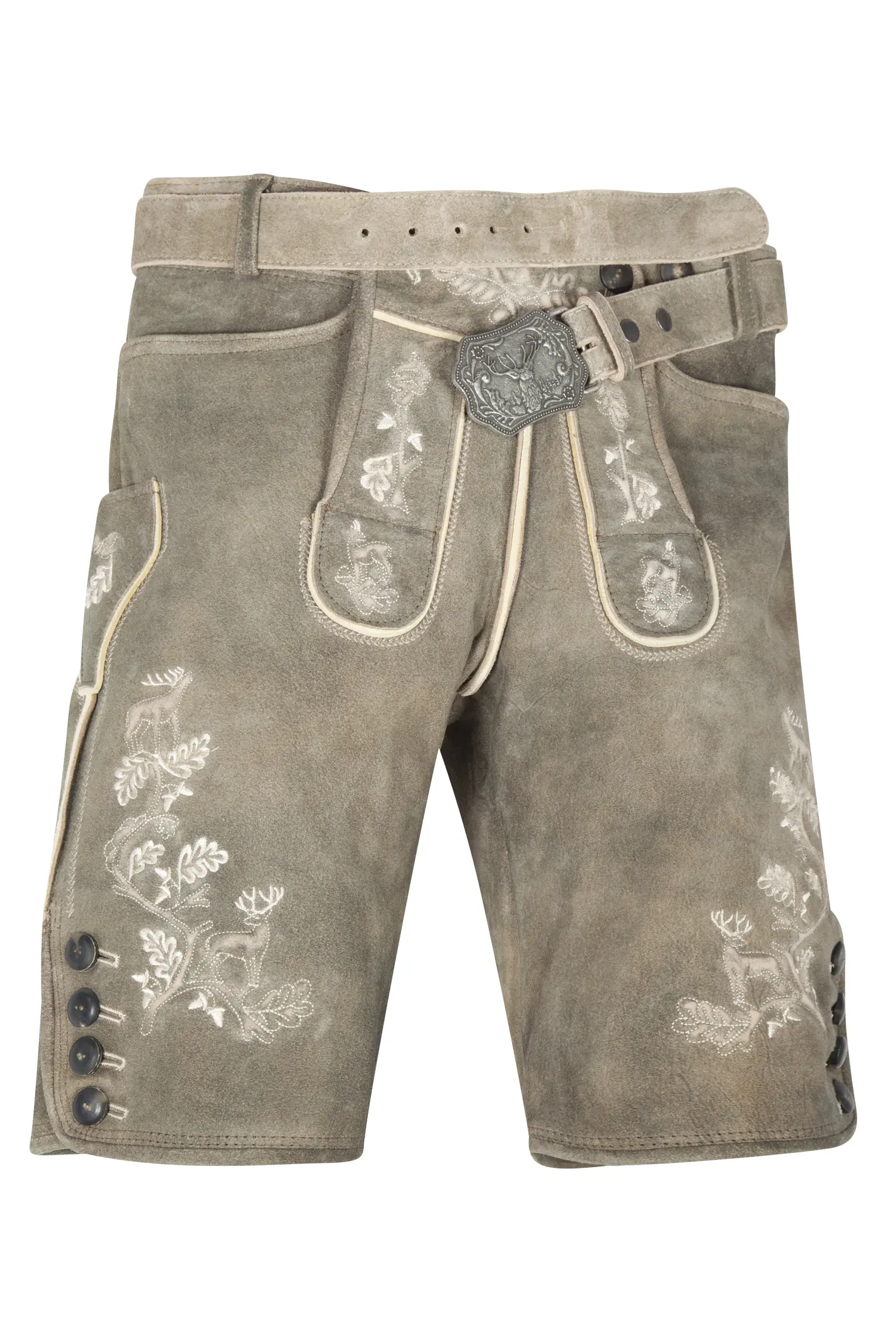1613-1072-2be-23-07b-1203 Kurze Lederhose Freising in braun mit heller Stickerei