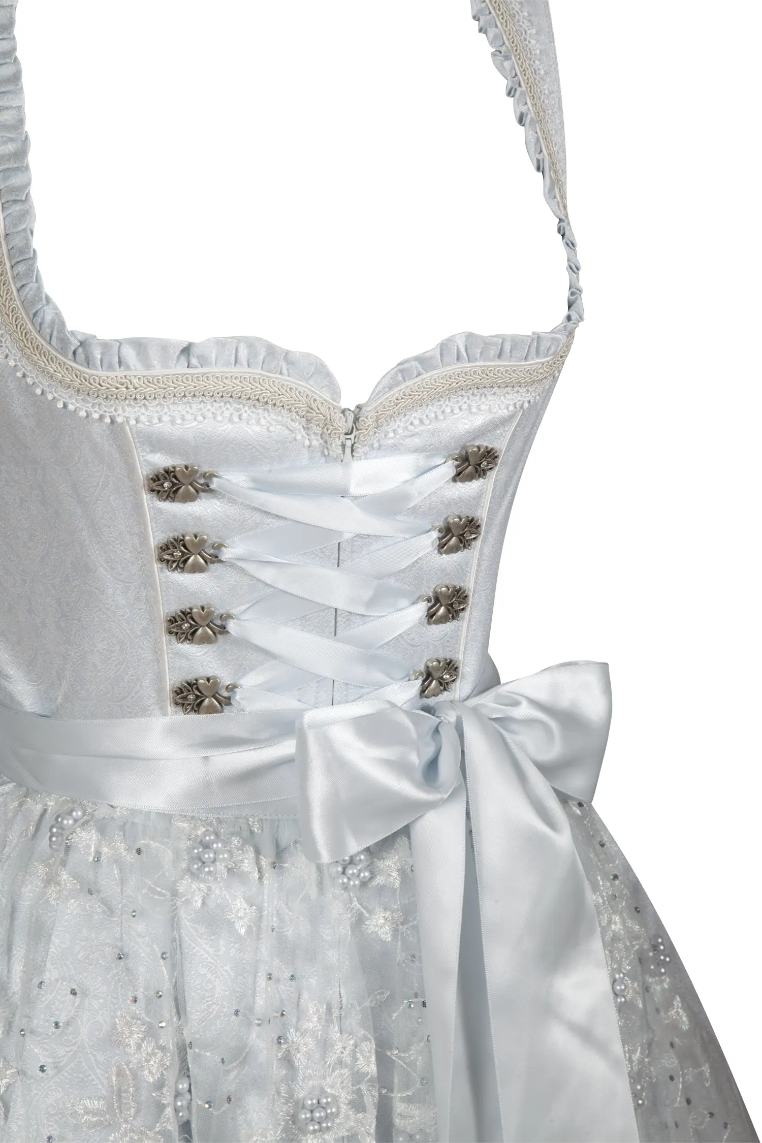 3067-1450-BL2-3 Dirndl Sunny in hellblau mit Glitzerschürze, Strass und Perlen 60 cm - Detail Mieder