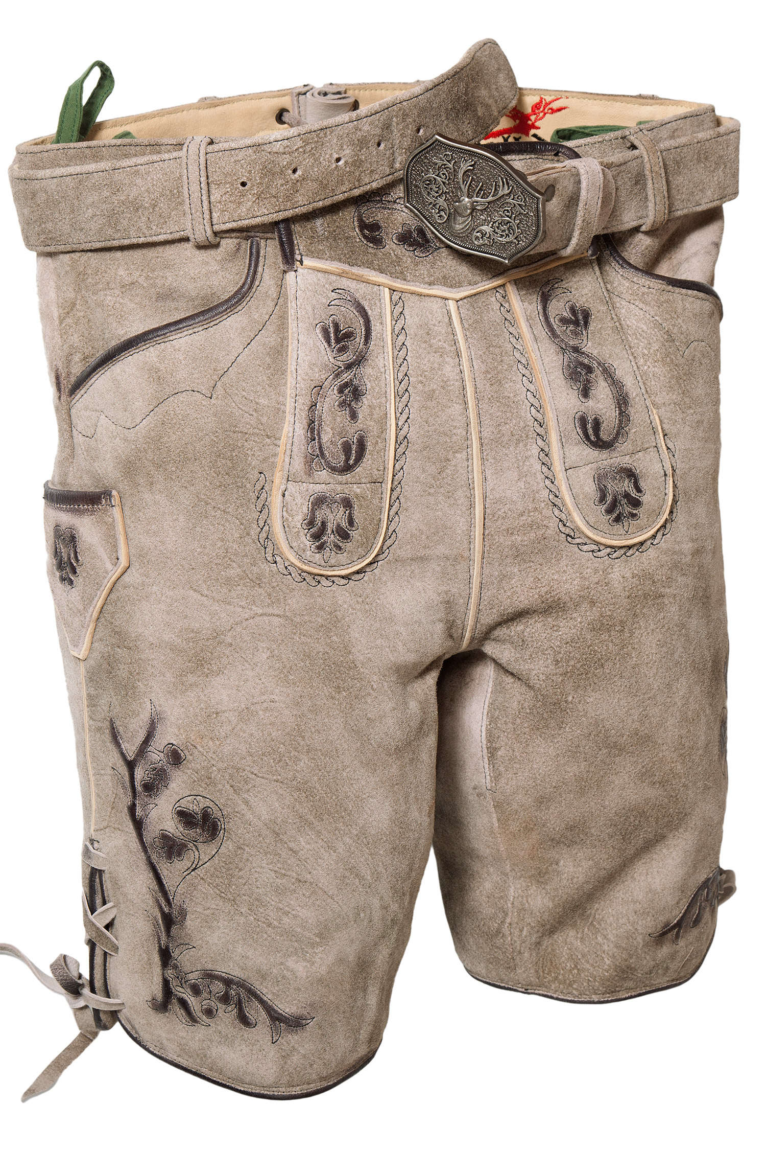lederhose-kurz-tracht-grau-1608-0002-6sw-20-07c-1748-a Kurze Lederhose in stein grau mit Gürtel und Bandln