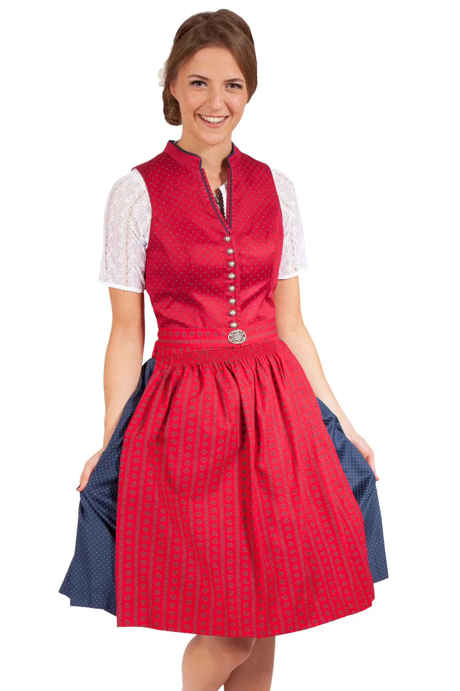 3081-0056-rt5-18-08e-9828-e Mini Dirndl Veronika leuchtrot hochgeschlossen Model