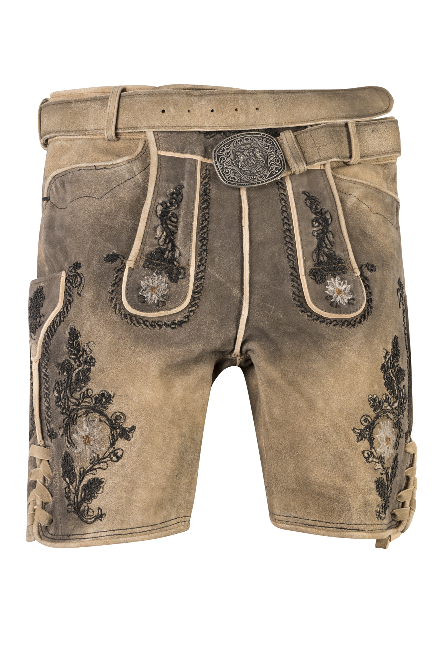 1613-1080-2sw-23-09-0402907 Kurze Lederhose Franz in hellgrau mit Edelweiß