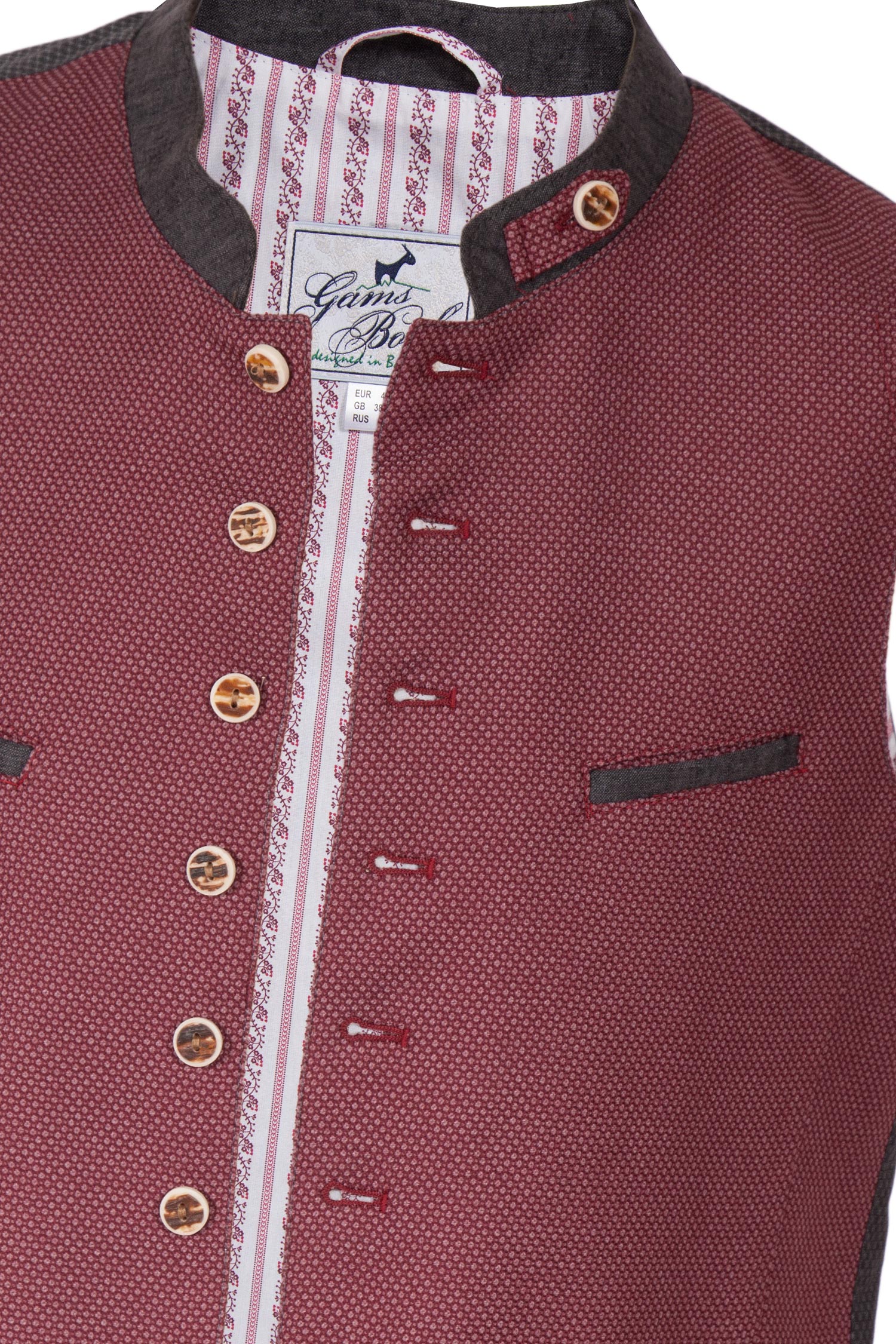 trachtenweste-bordeaux-1345-0080-rt8-20-01a-1885-b Trachtenweste in bordeaux aus Webstoff mit Punkten Detail