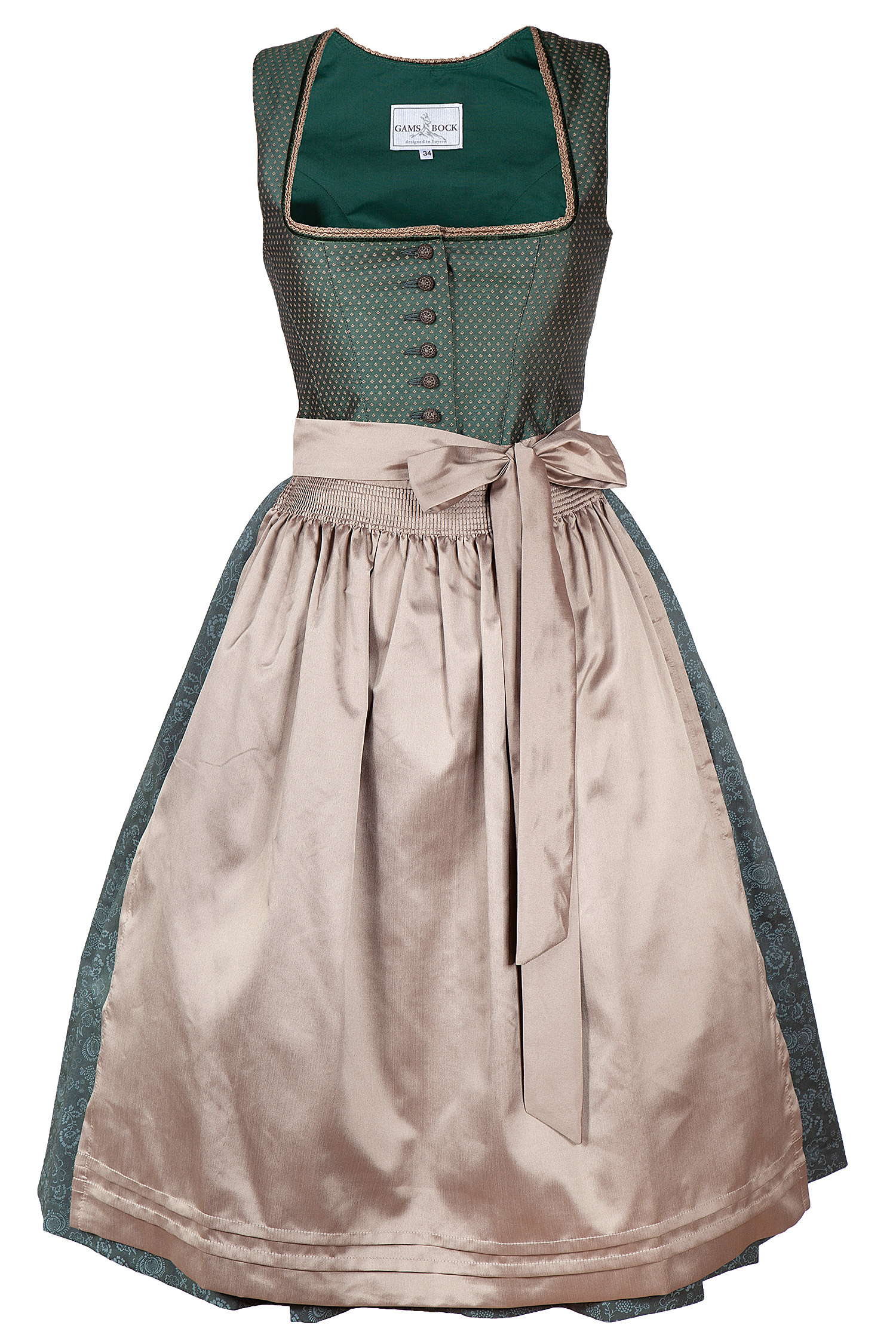 3097-1699-gn8-22-08a-1552 Dirndl in grün mit glänzender Schürze