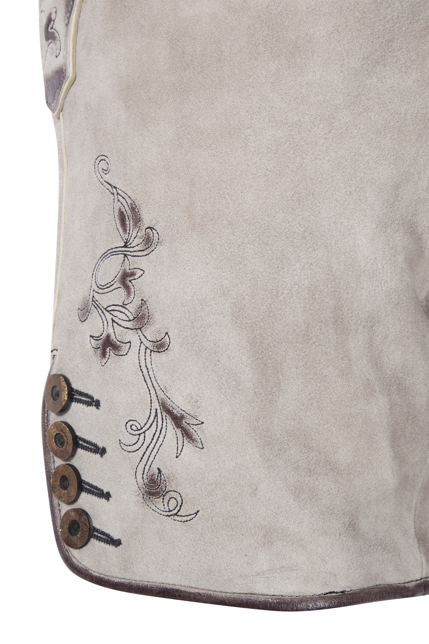 1608-0014-6SW-23-05-e7295 Kurze Lederhose in hellgrau - Detail Bein