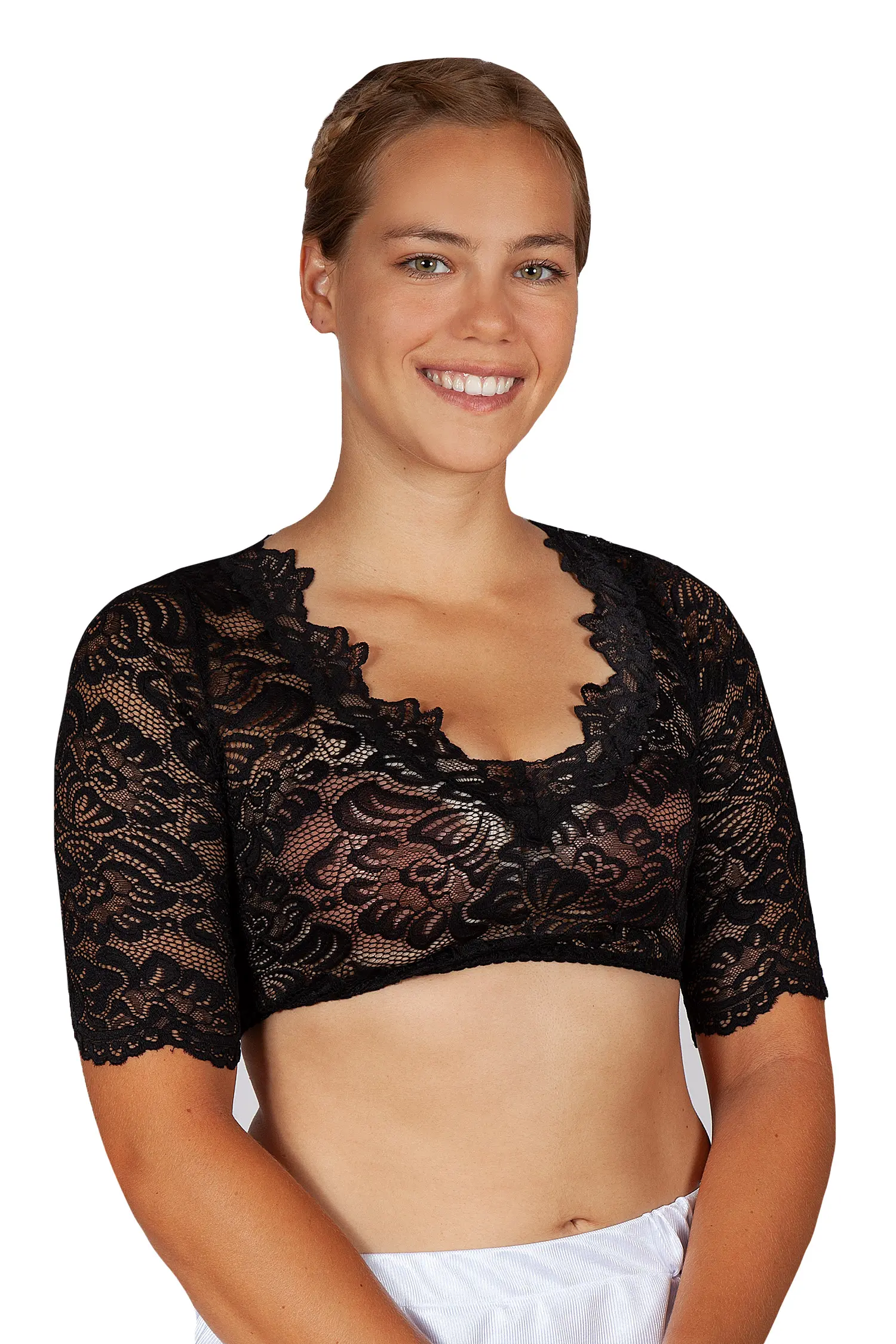 2574-0027-sw7-22-07e-1360 Dirndlbluse in schwarz mit Spitze