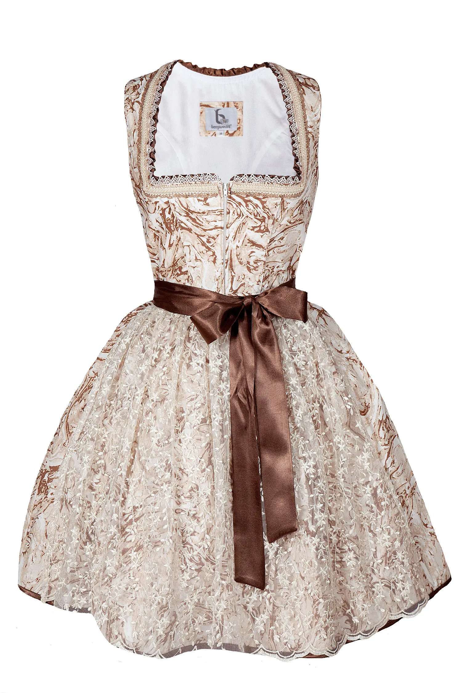 3086-1331-BE5-23-03c-4050a Mini Dirndl in braun und creme mit Perlenborte