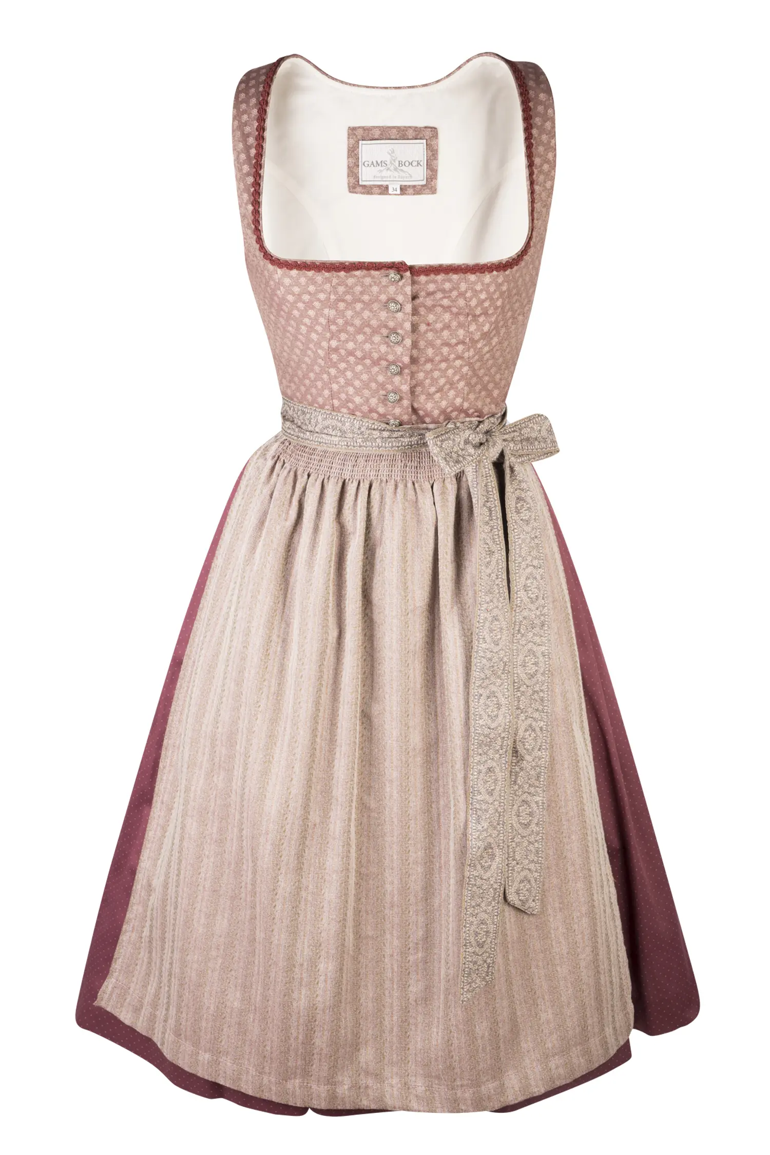 3097-1757-rt6-23-08-16-01800 Dirndl Rosamunda in bordeaux/altrosa mit Knöpfen