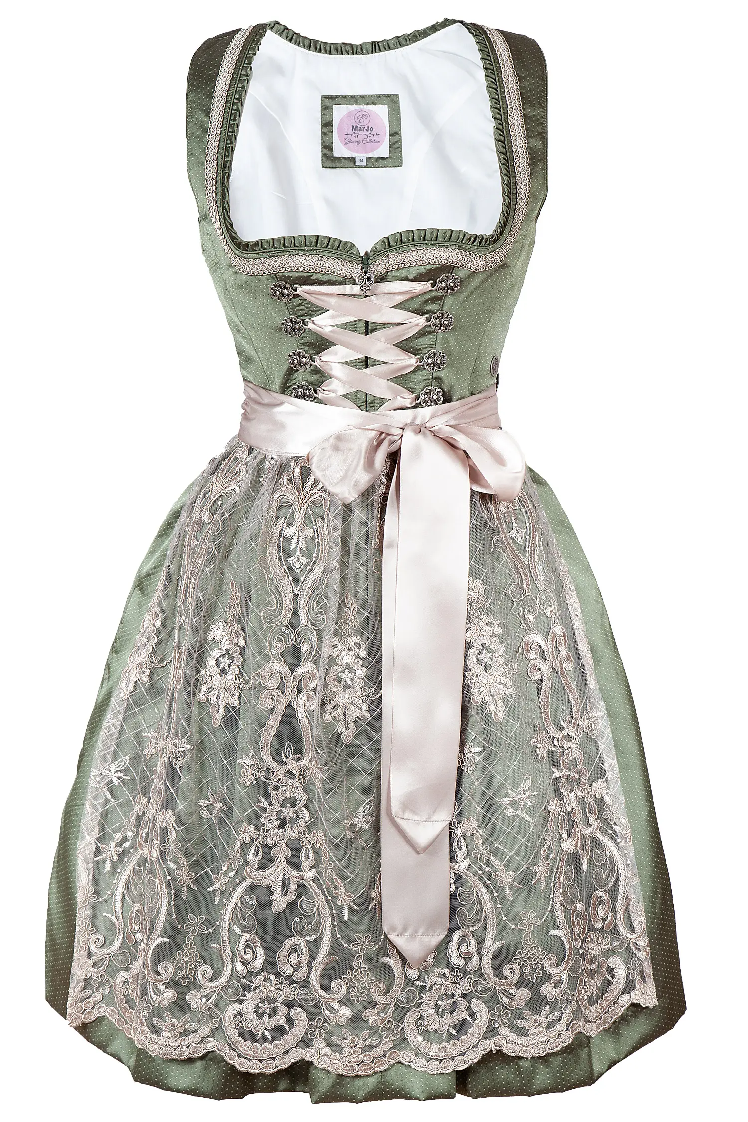 3066-1141-gn7-22-07b-1224 Dirndl Lotte in grün mit besonderer Schürze