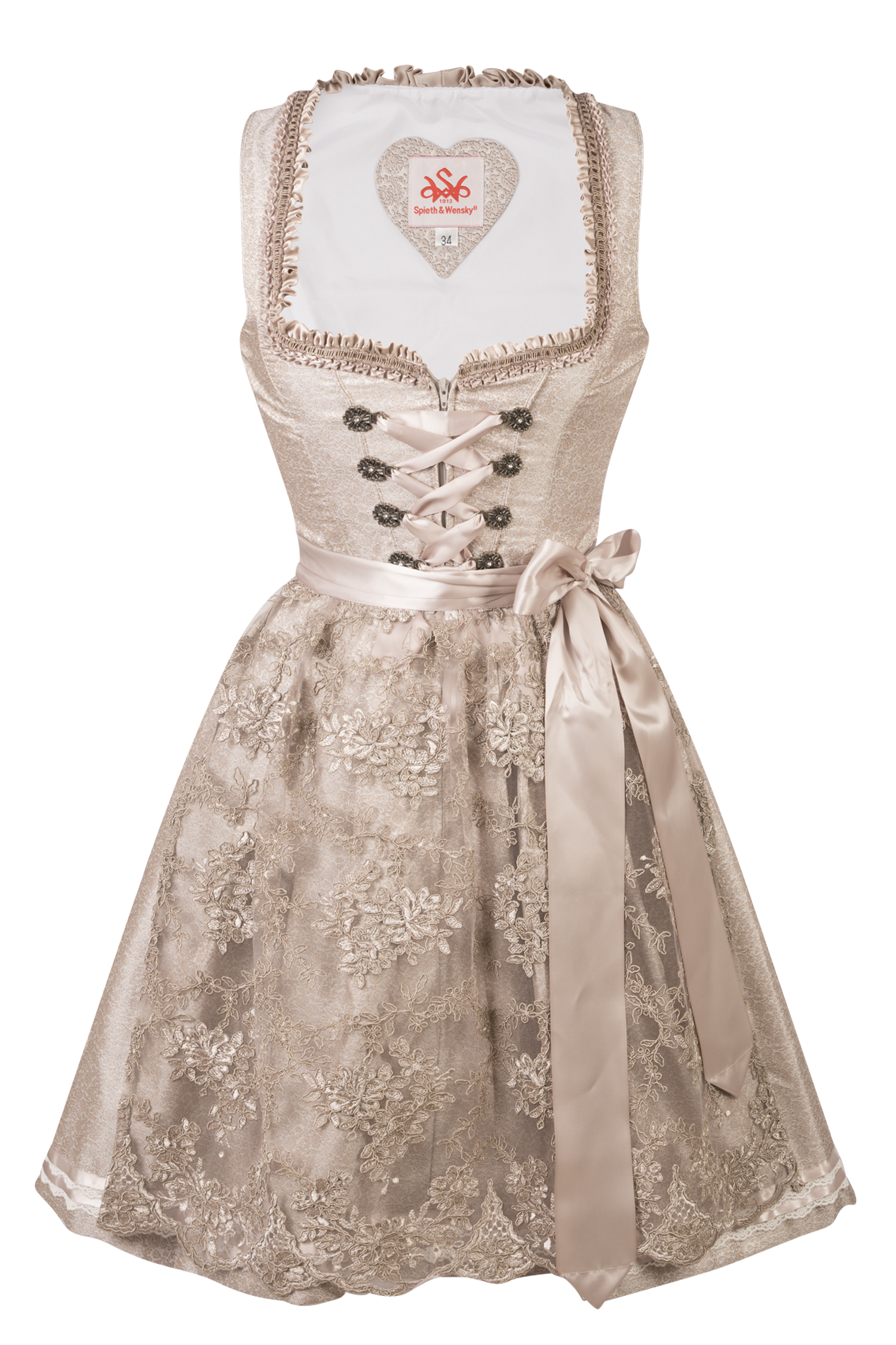 3057-1367-be4-23-09-0402864 Dirndl Bari in taupe mit glitzernder Netzschürze