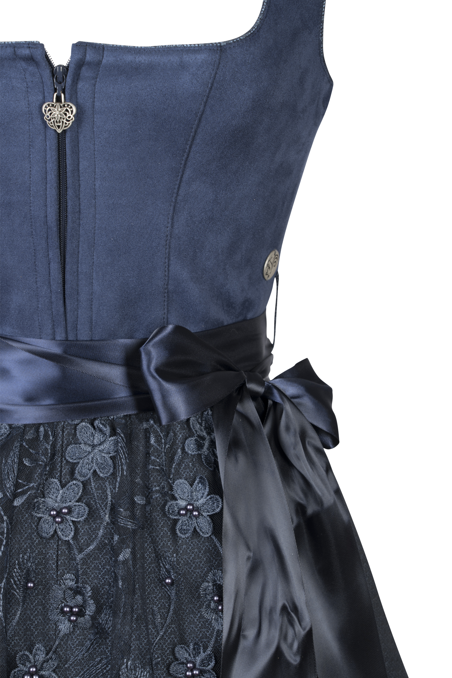 3083-0003-bl9-24-01-3004105 Dirndl Isa in dunkelblau mit Netzschürze - Detail Mieder