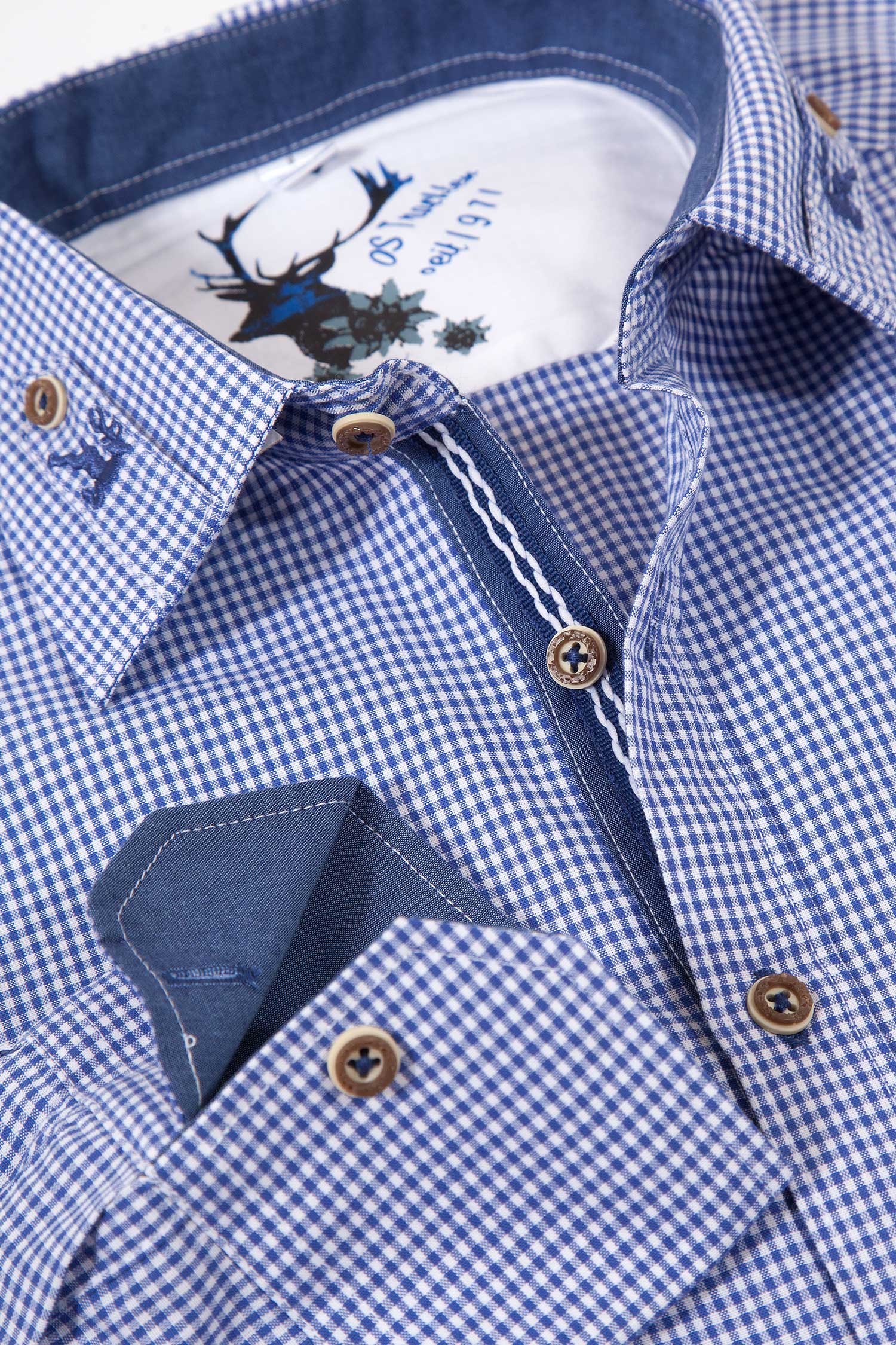 Trachtenhemd in Vichykaro blau weiß mit Stick Detail
