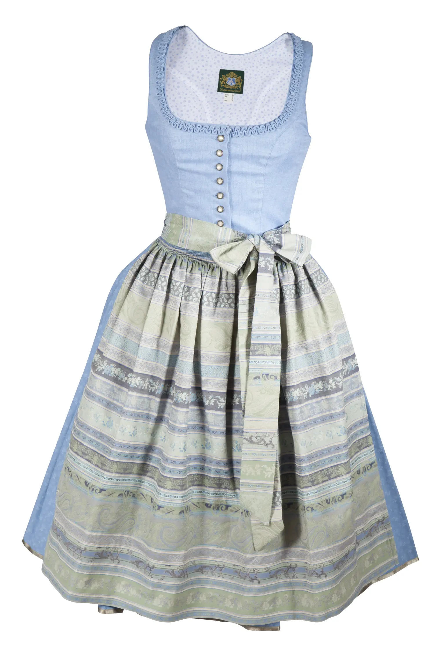 3094-1271-bl4-23-04i6408 Leinendirndl Koflersee in hellblau / lindgrün mit aufregender Schürze