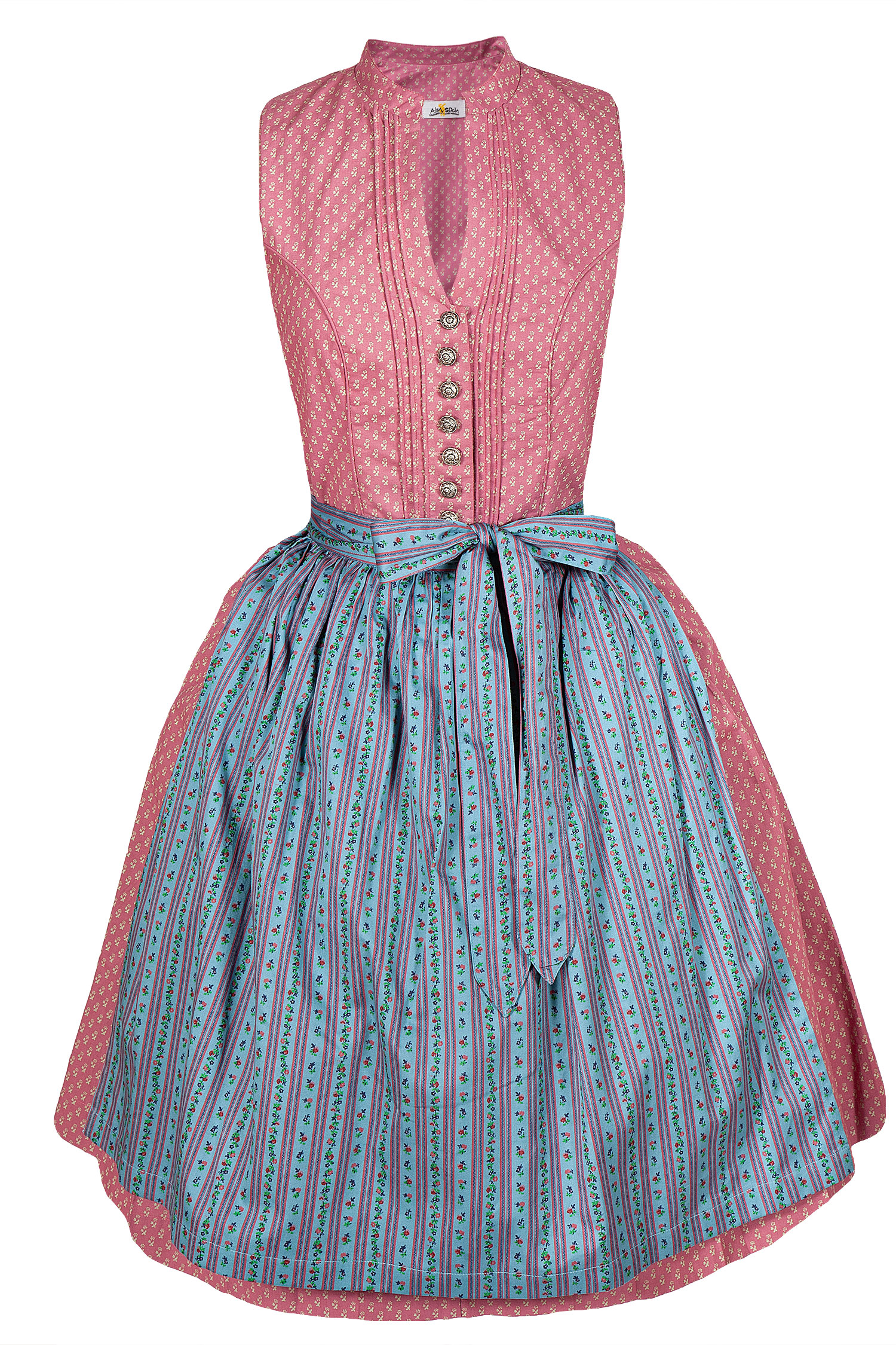 Hochgeschlossenes Dirndl in altrosa und blau