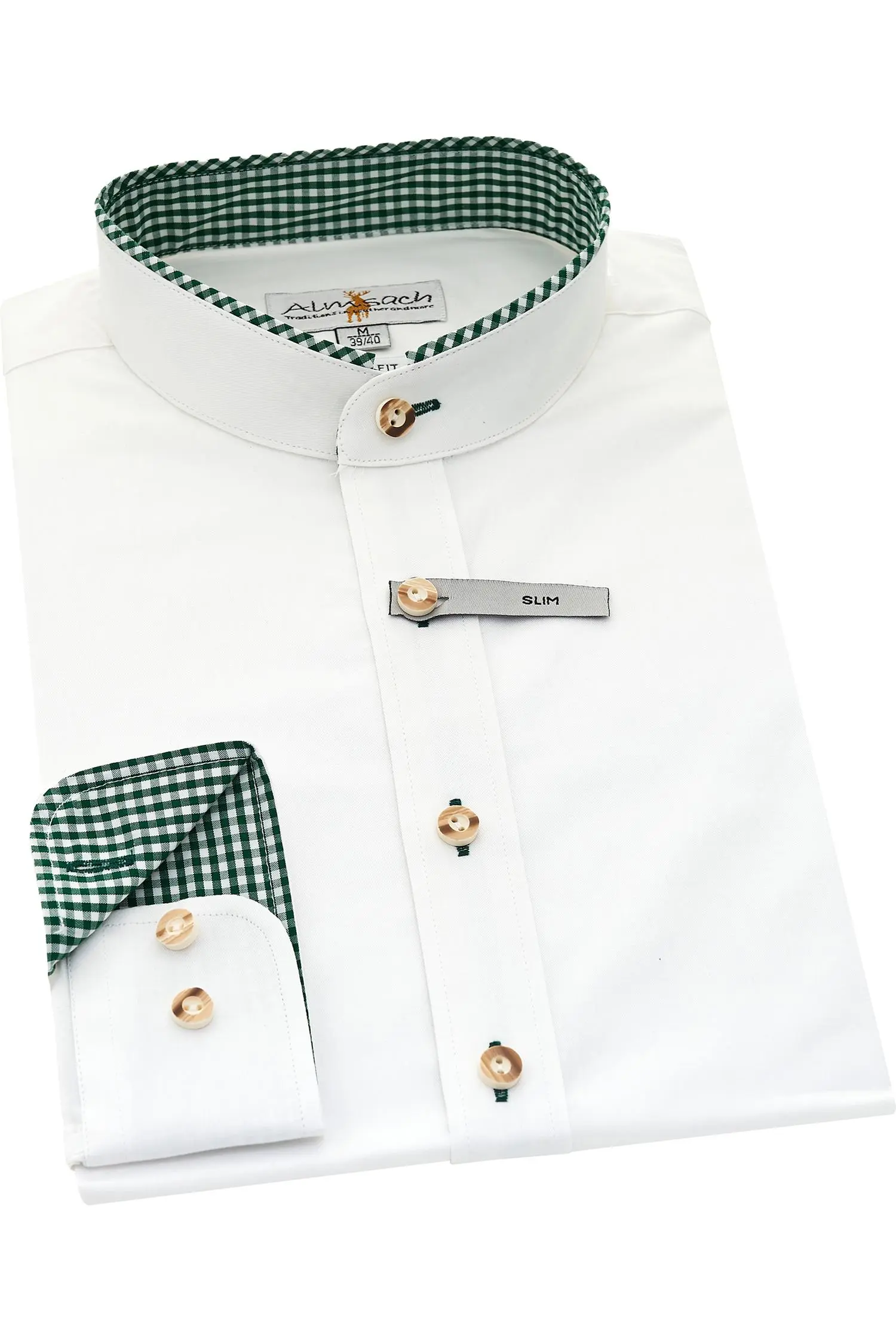 Trachten Stehkragen Hemd von Almsach in weiß mit Grünen Applikationen Almsach Hemd in Weiß mit Grünen Applikationen
