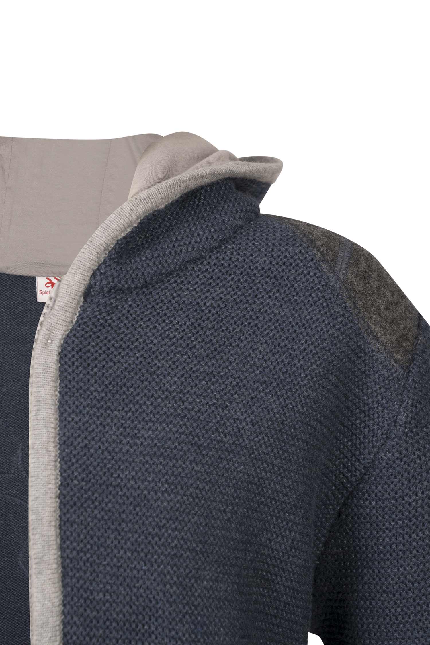 4730-1269-bl7-24-02-2004317 Kinder Trachtenstrickjacke blau / grau mit Kapuze Detail Vorne