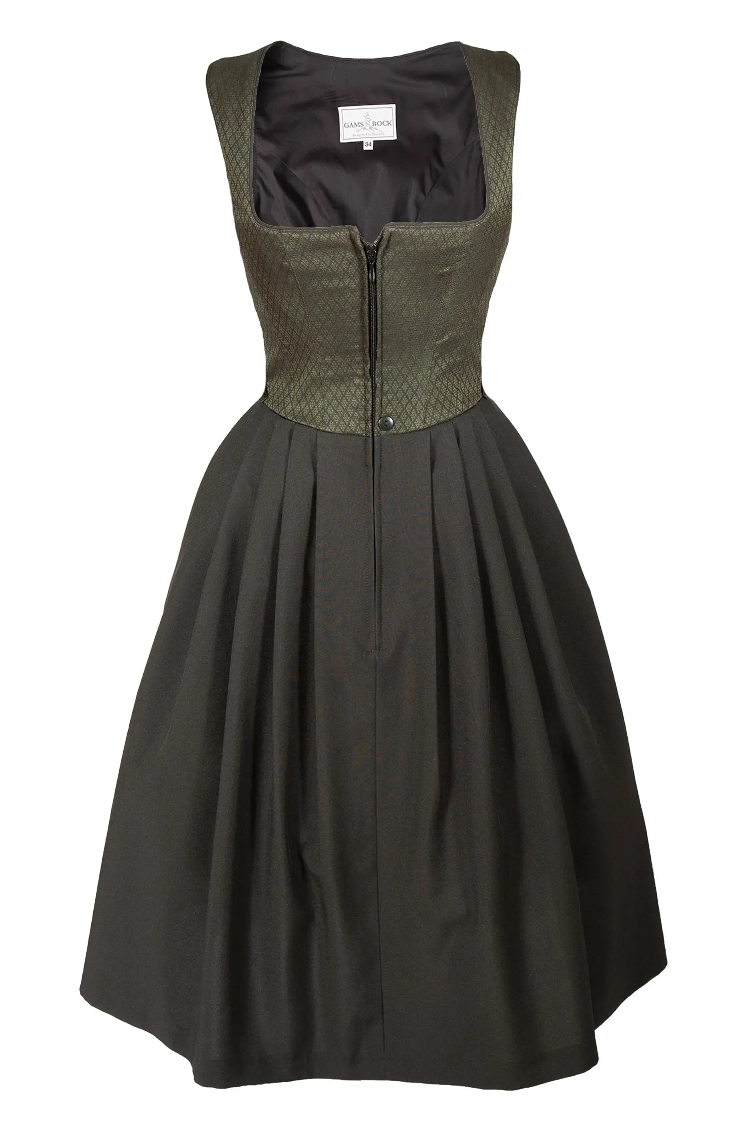 3092-0016-GN9-23-04g6146a Bequemes Dirndl in schwarz / oliv mit Schimmer-Mieder