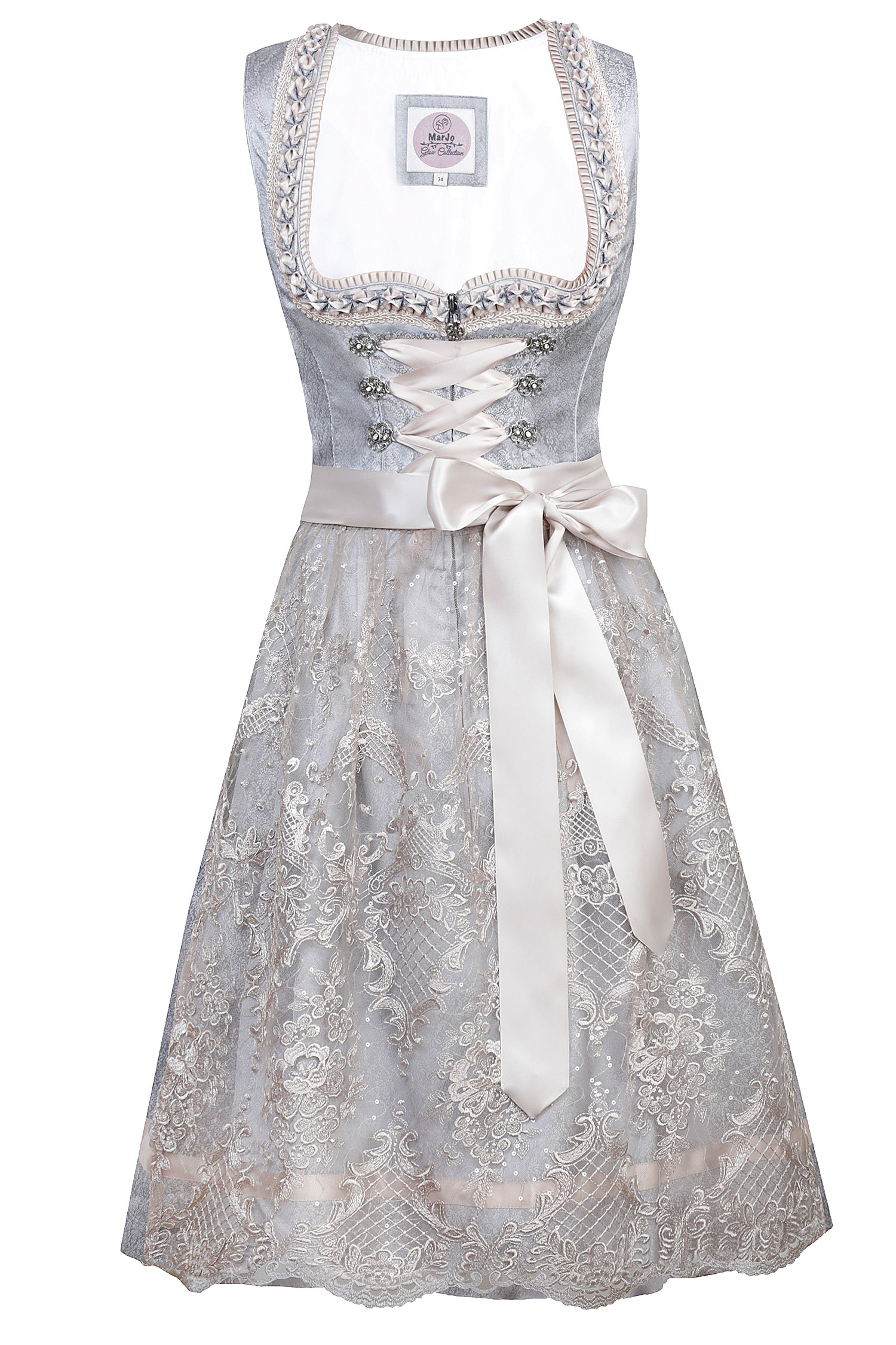 3076-0075-BL3marjo-2023-1 Dirndl Benita in eisblau / taupe mit Glitzerschürze 65 cm