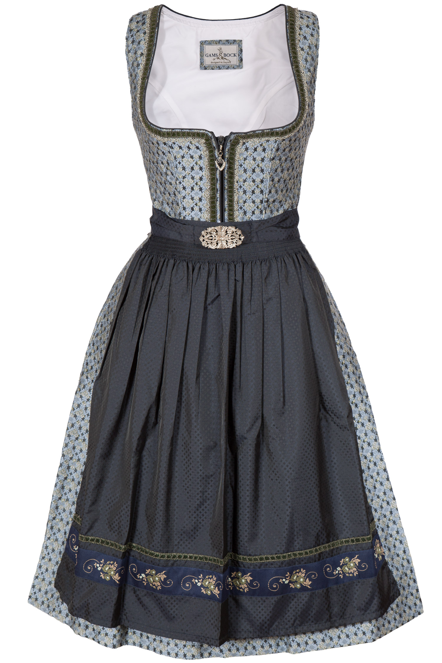 Midi Dirndl in rauchblau mit stahlblauer Schürze