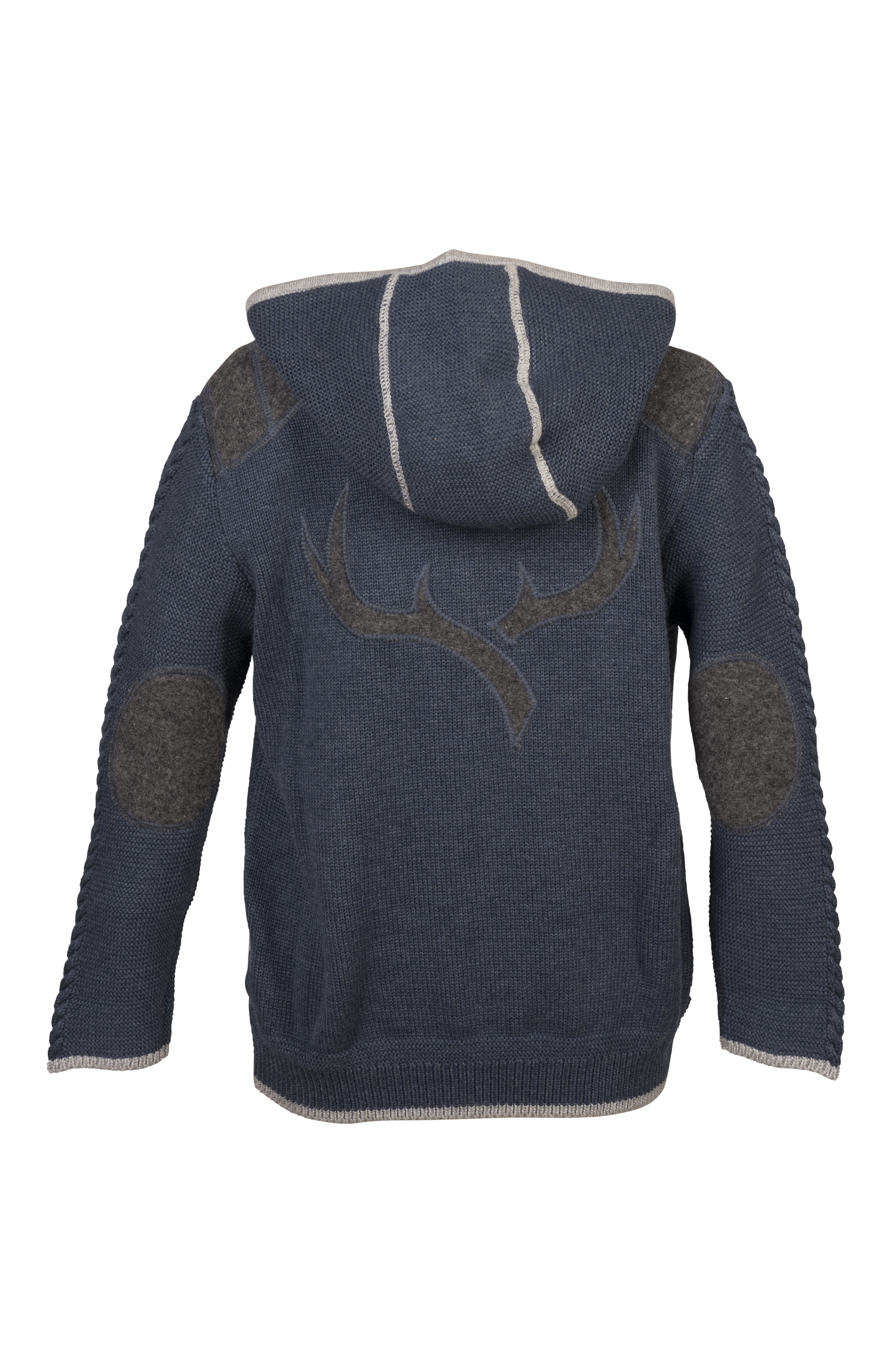 4730-1269-bl7-24-02-2004319 Kinder Trachtenstrickjacke blau / grau mit Kapuze Rückansicht