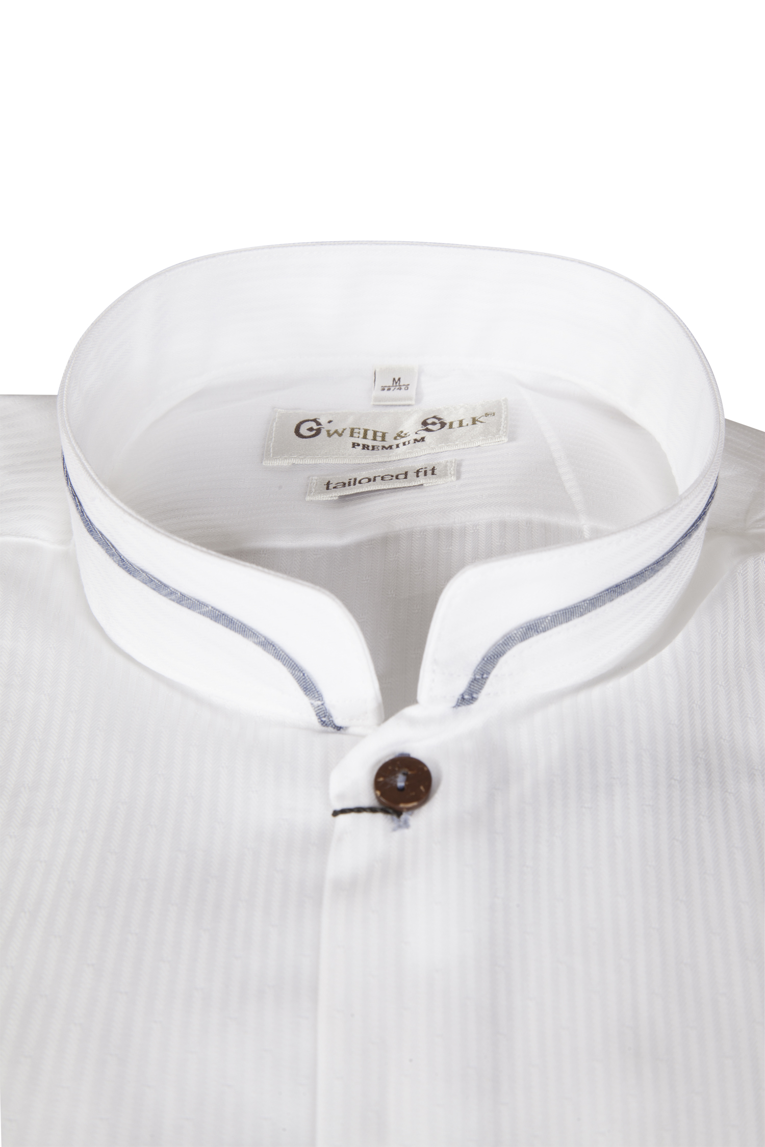 1508-0017-BL5-23-06-a0379 Jacquard Trachtenhemd in weiß / dunkelblau - Detail Kragen