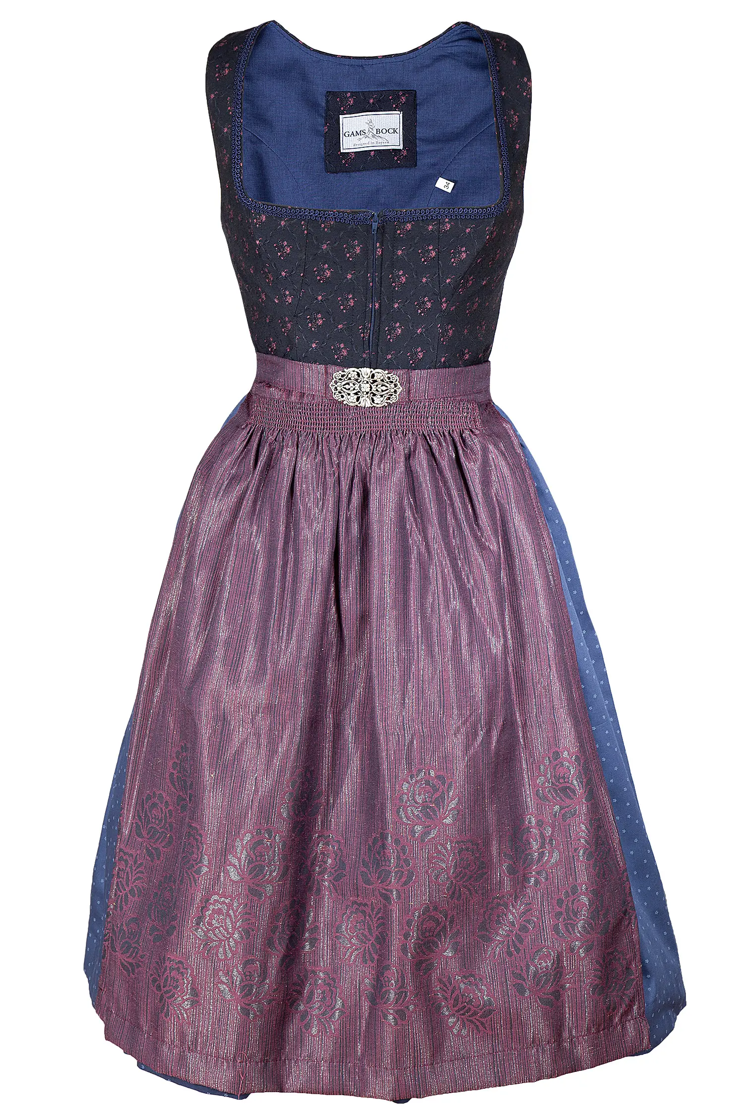 3097-1654-bl9-22-10a-2802 Dirndl in marine mit Blumenmuster