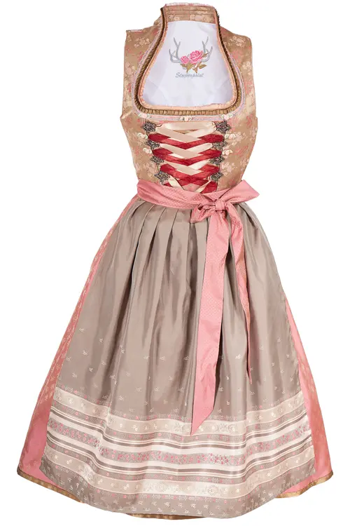 3077-0142-be5-17-06c-9535-a Midi Dirndl Kathleen mit Stehkragen in edlem gold, rosa und taupe