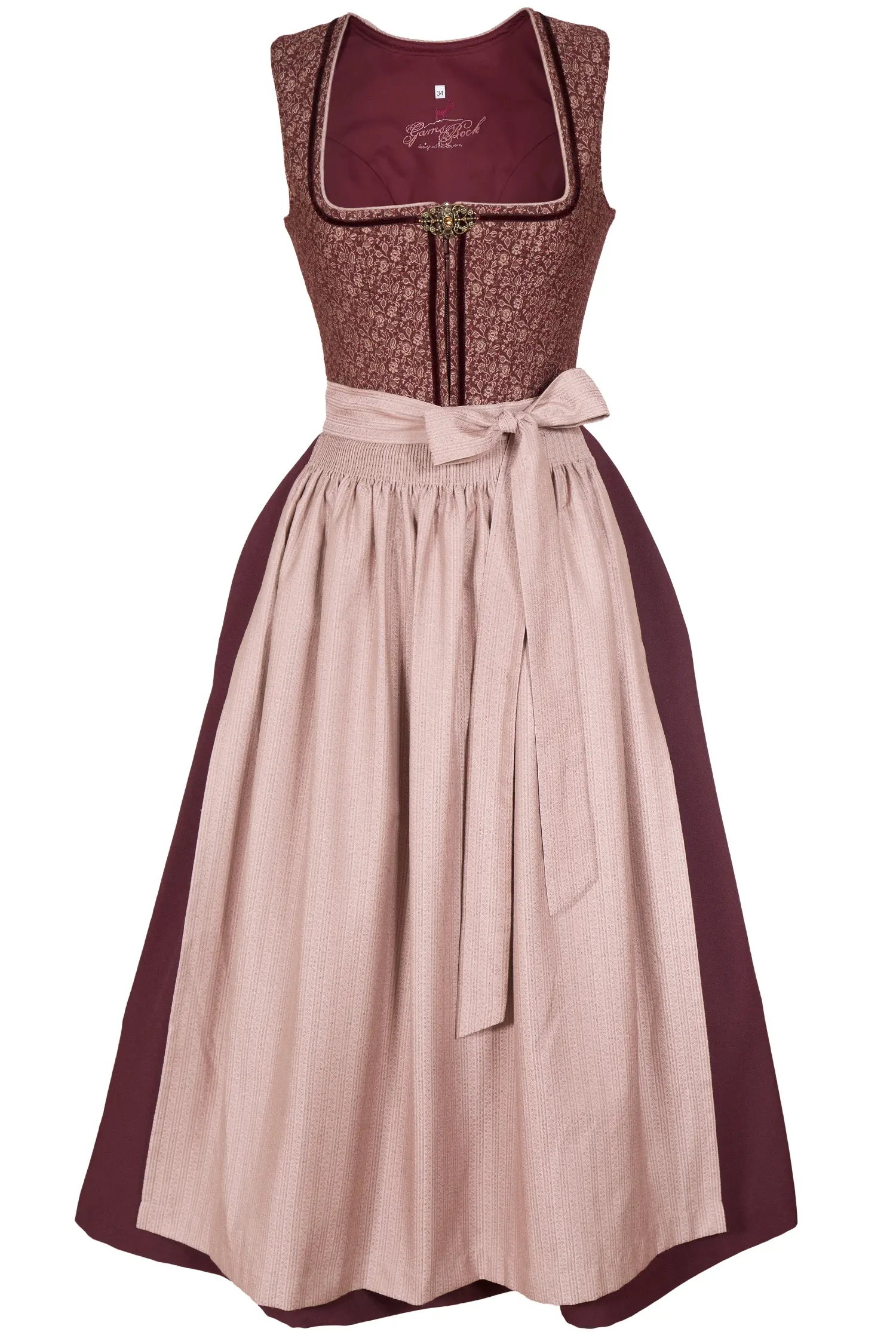 Langes Dirndl in bordeaux und altrosa auch in XXL