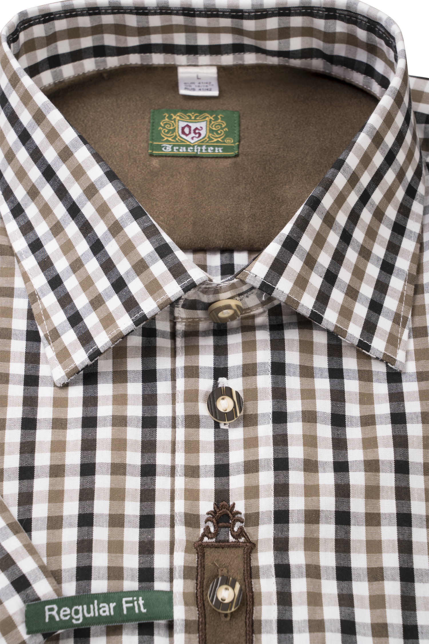 1526-1040-br3-23-08-2402684 Trachtenhemd kariert mit Krämpelärmel - Detail Kragen