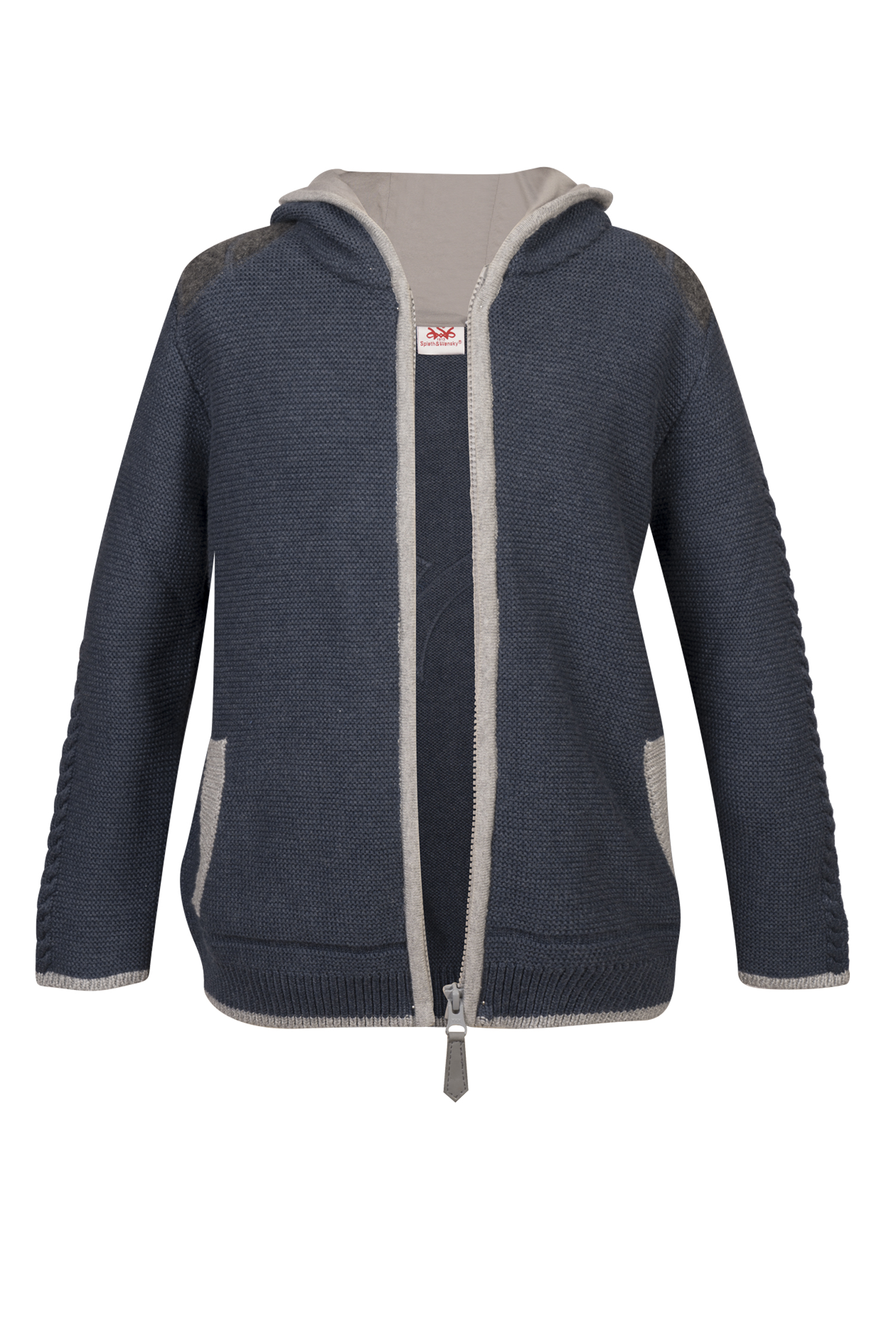 4730-1269-bl7-24-02-2004316 Kinder Trachtenstrickjacke blau / grau mit Kapuze