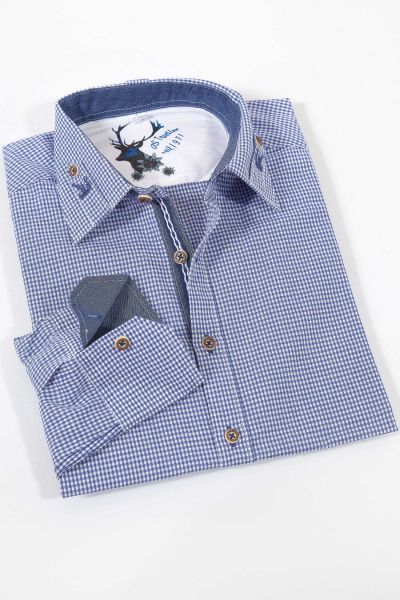 Trachtenhemd in Vichykaro blau weiß mit Stick 