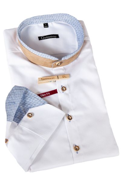 Trachtenhemd in weiß mit blauen Details und Lederkragen