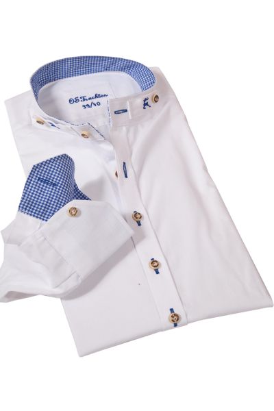 Trachtenhemd in weiß mit Stehkragen und blauen Details