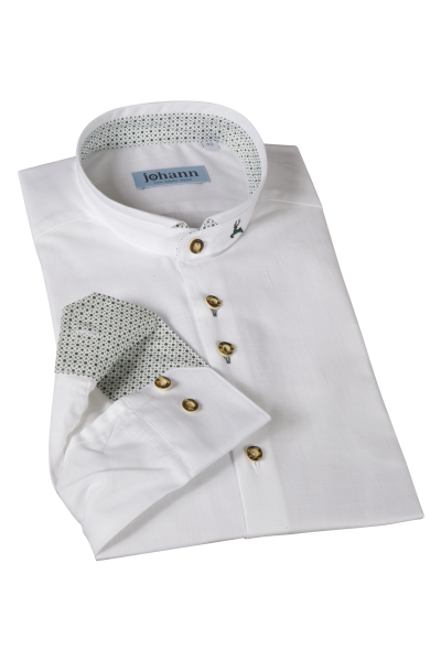 Weißes Baumwoll Trachtenhemd mit grün/braunem Muster